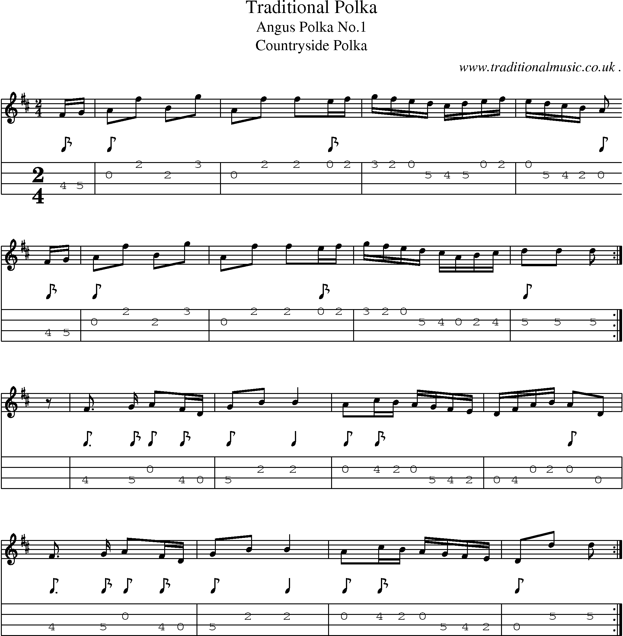 Sheet-music  score, Chords and Mandolin Tabs for Traditional Polka