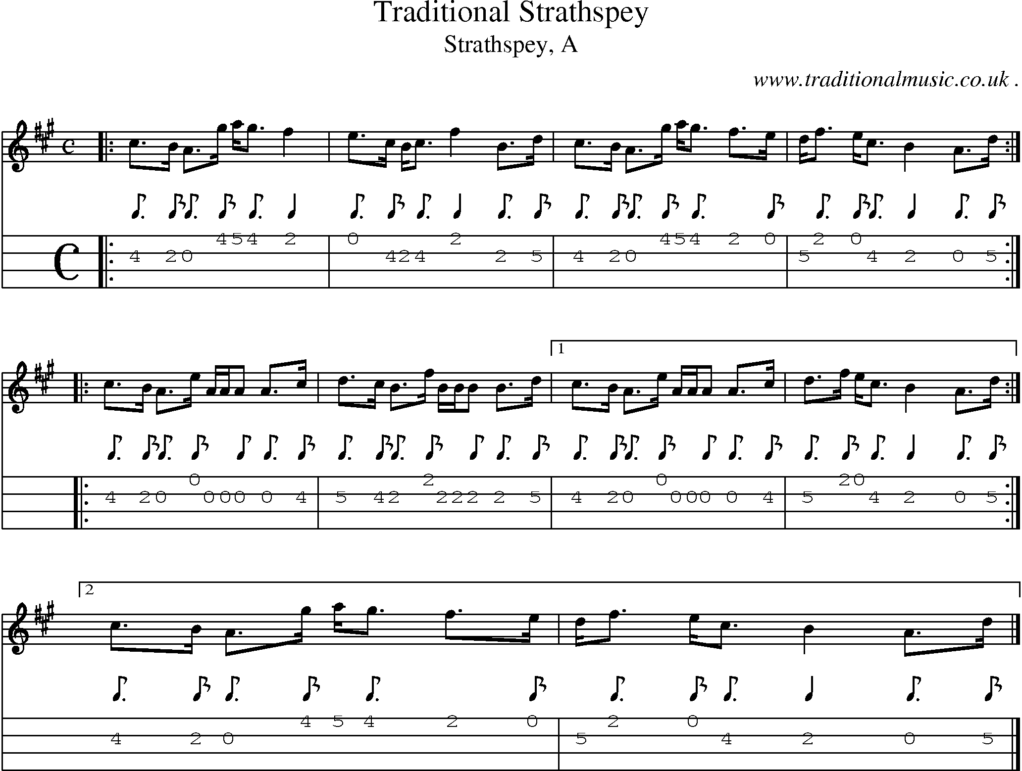 Sheet-music  score, Chords and Mandolin Tabs for Traditional Strathspey
