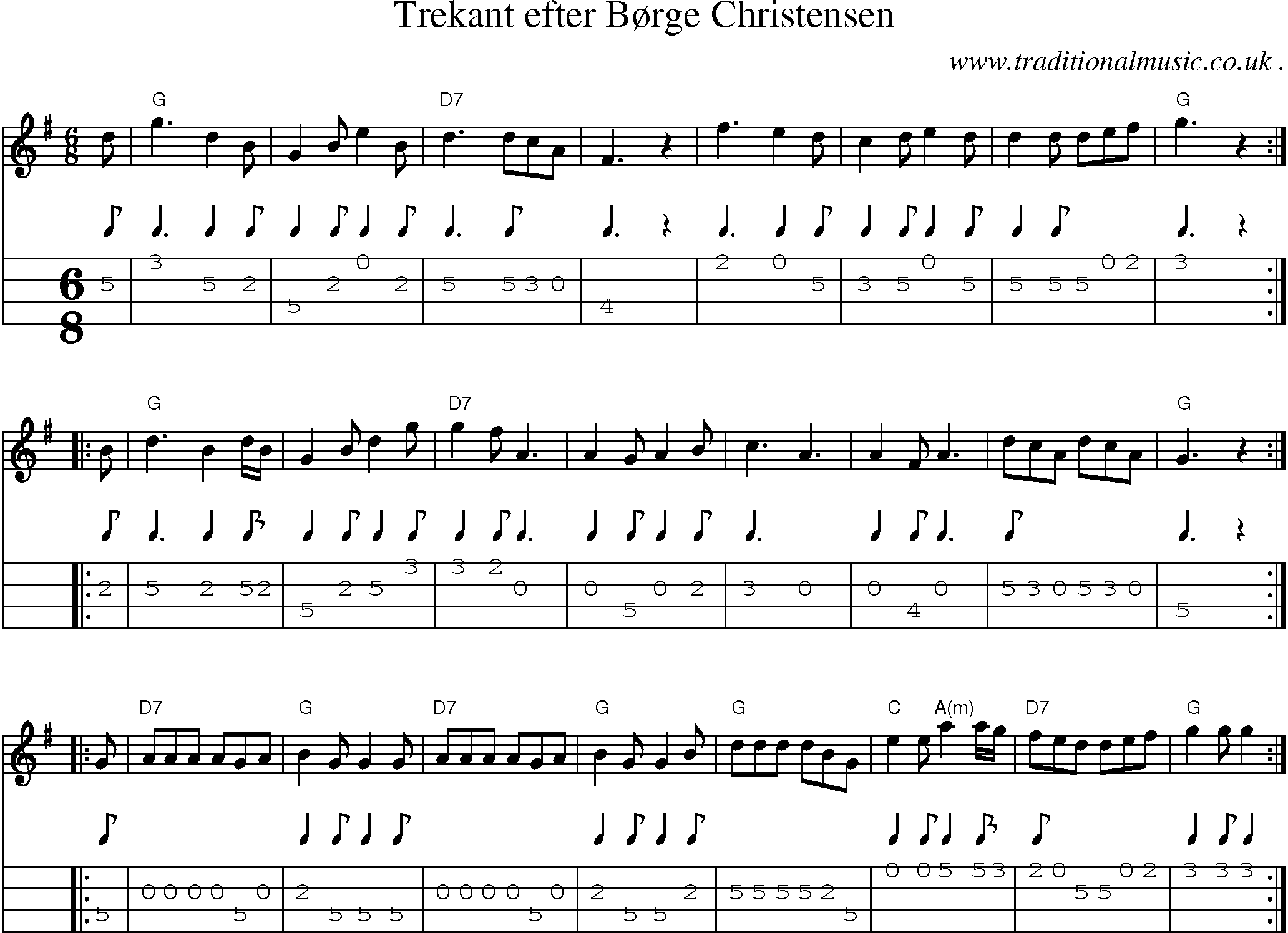 Sheet-music  score, Chords and Mandolin Tabs for Trekant Efter Borge Christensen