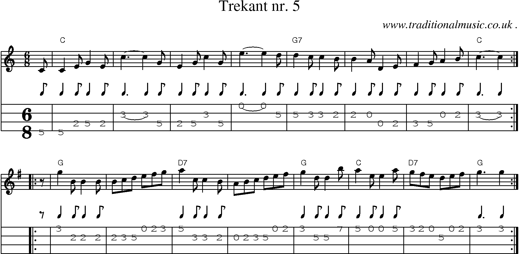 Sheet-music  score, Chords and Mandolin Tabs for Trekant Nr 5