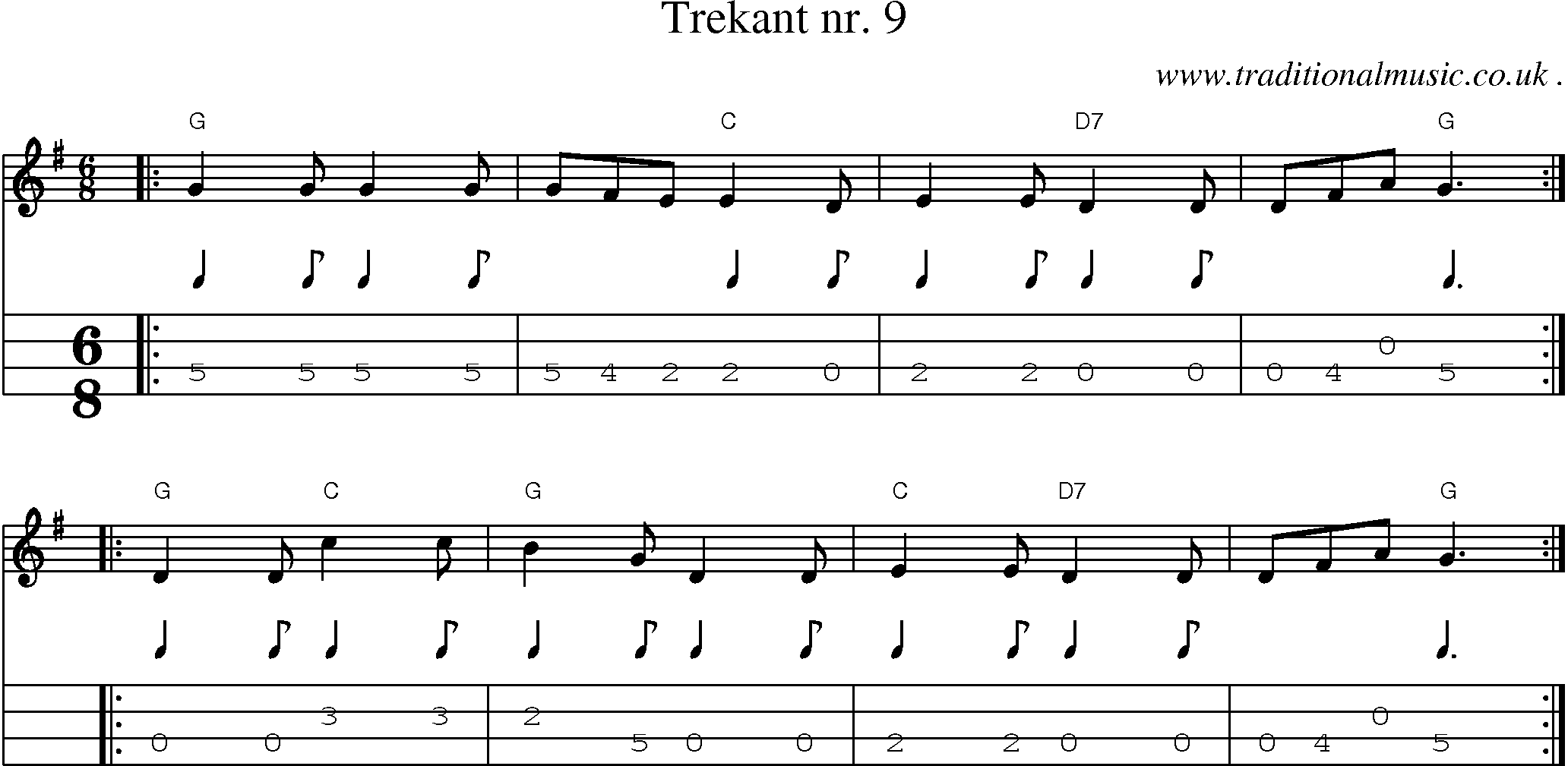 Sheet-music  score, Chords and Mandolin Tabs for Trekant Nr 9