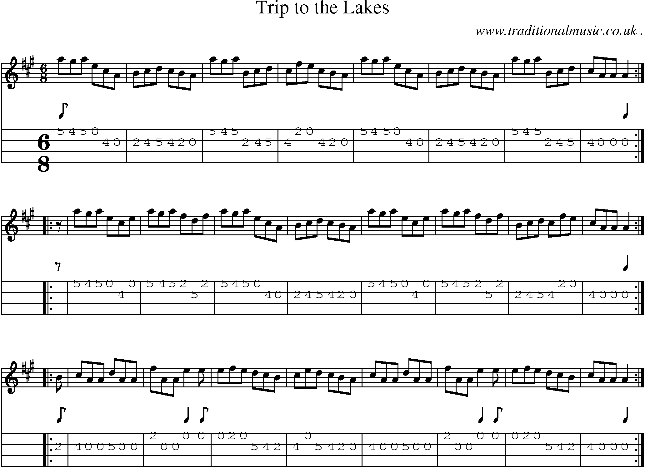 Sheet-music  score, Chords and Mandolin Tabs for Trip To The Lakes