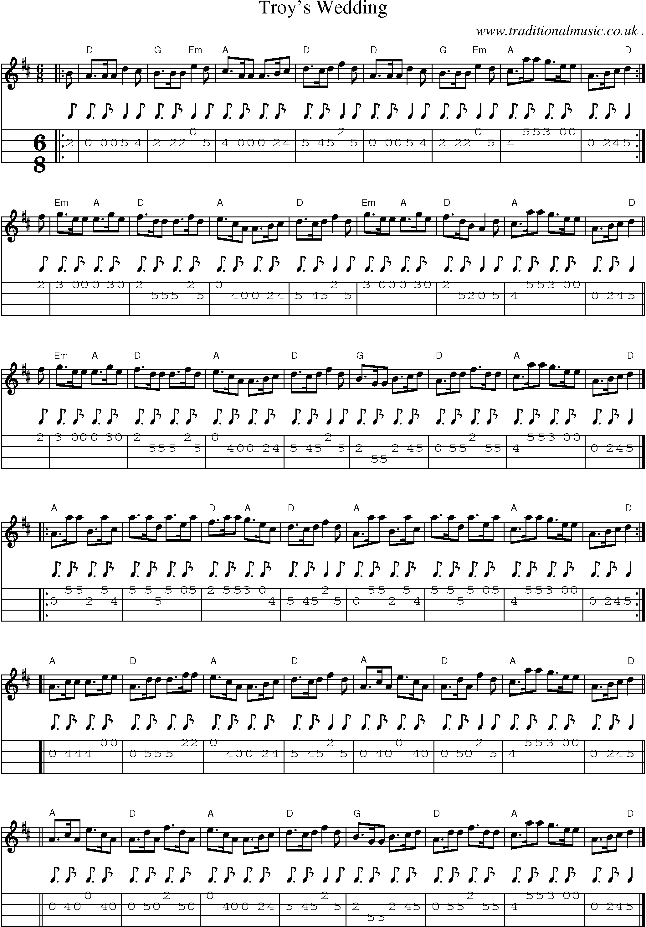 Sheet-music  score, Chords and Mandolin Tabs for Troys Wedding