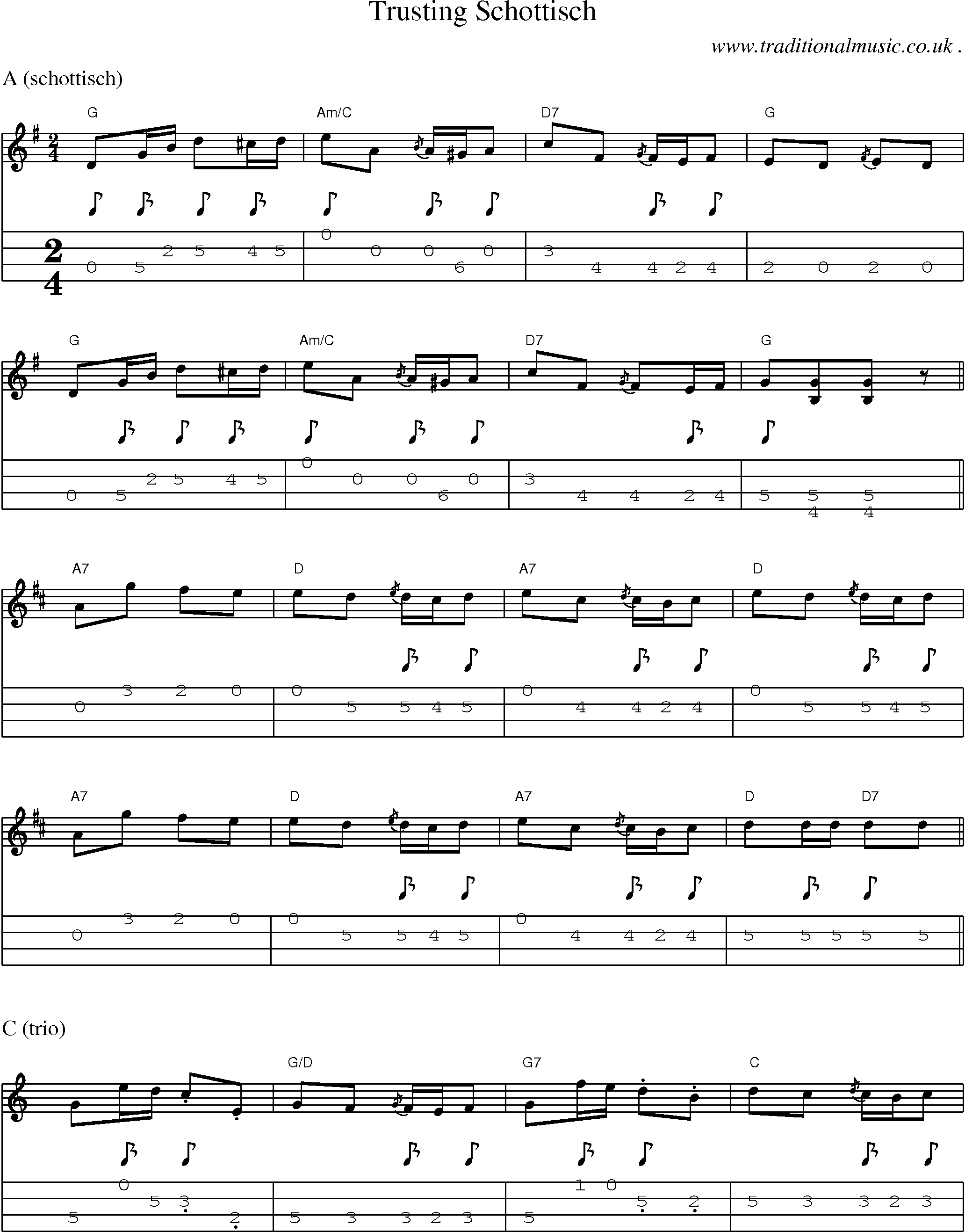 Sheet-music  score, Chords and Mandolin Tabs for Trusting Schottisch