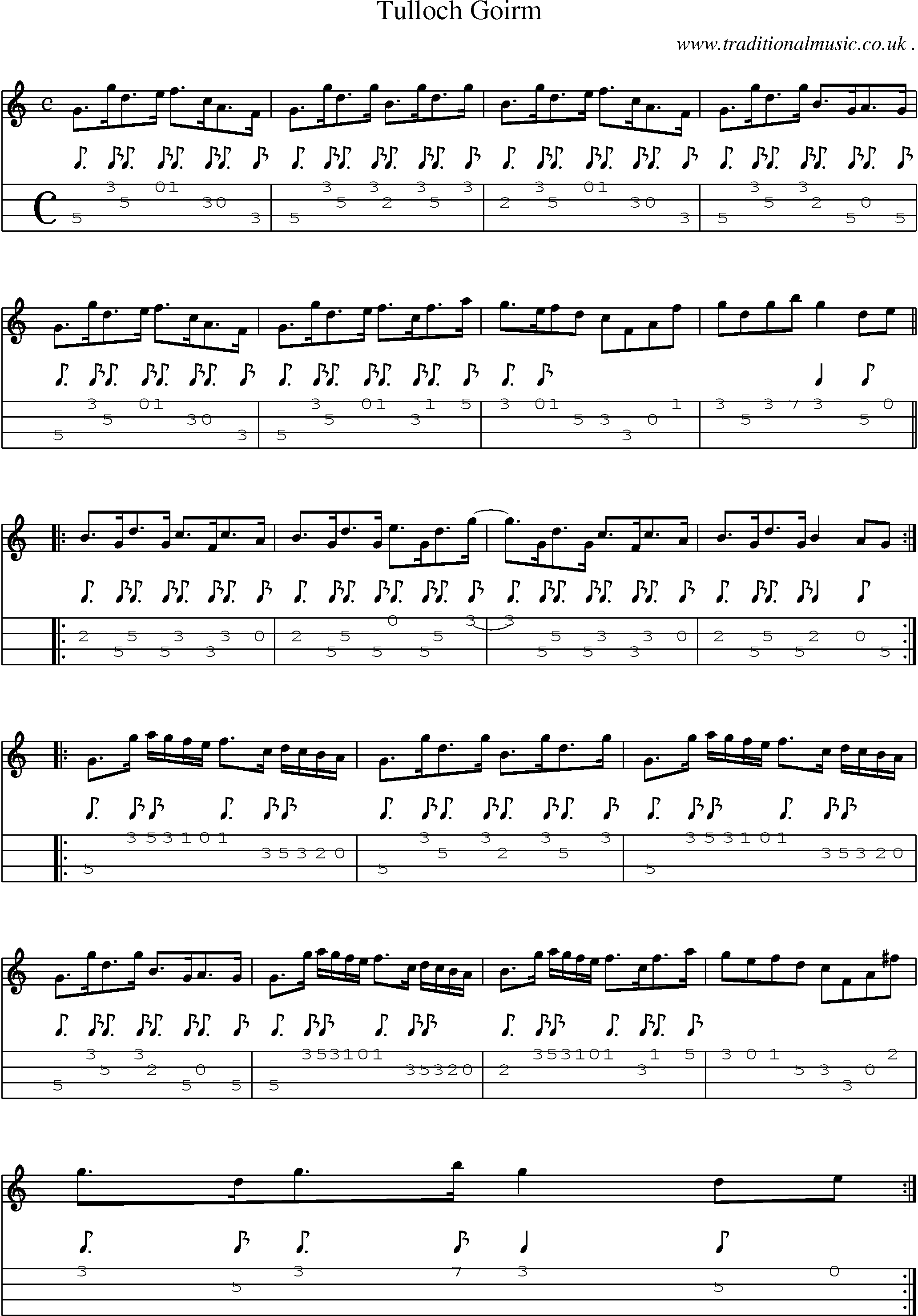 Sheet-music  score, Chords and Mandolin Tabs for Tulloch Goirm