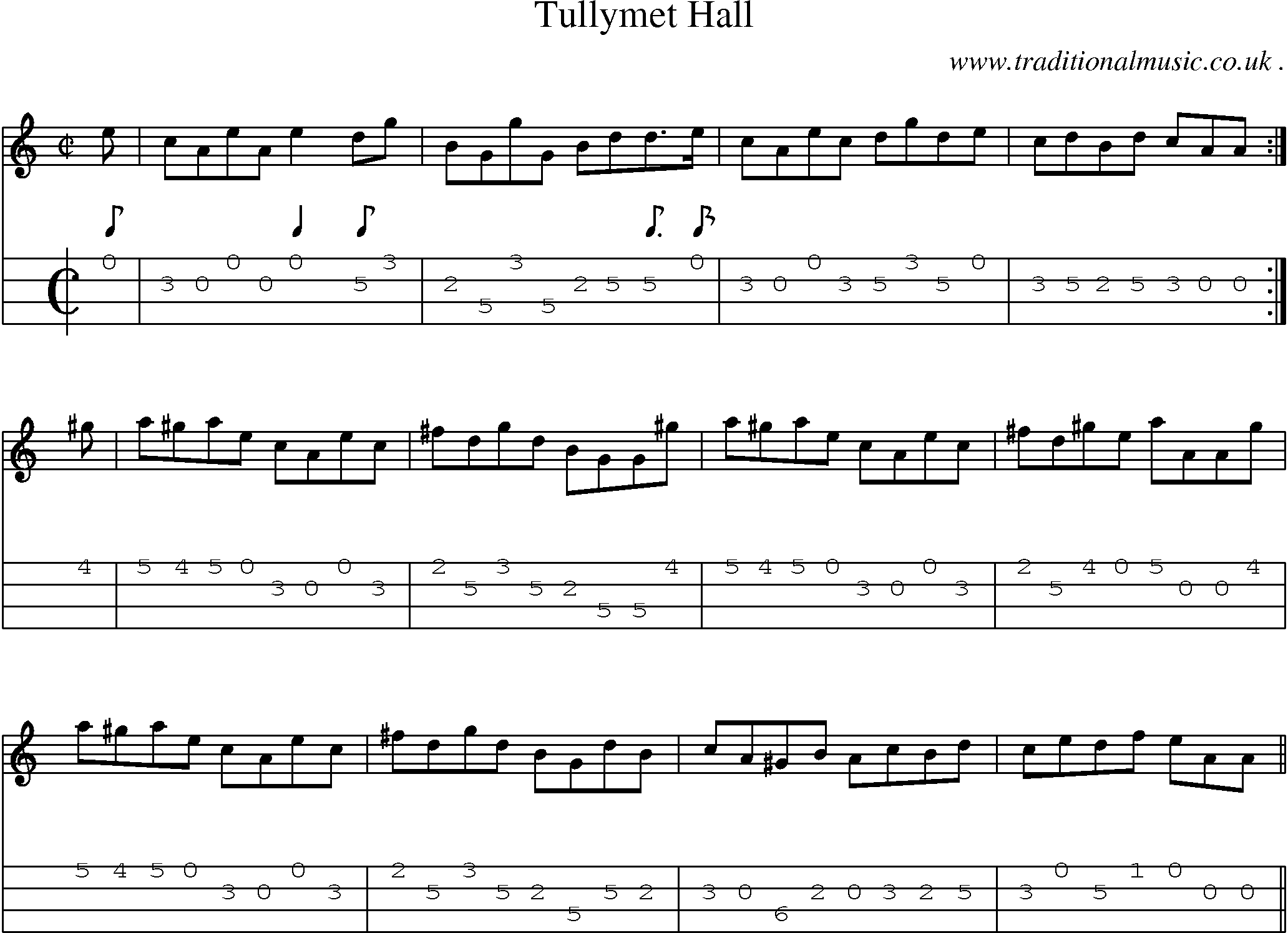 Sheet-music  score, Chords and Mandolin Tabs for Tullymet Hall