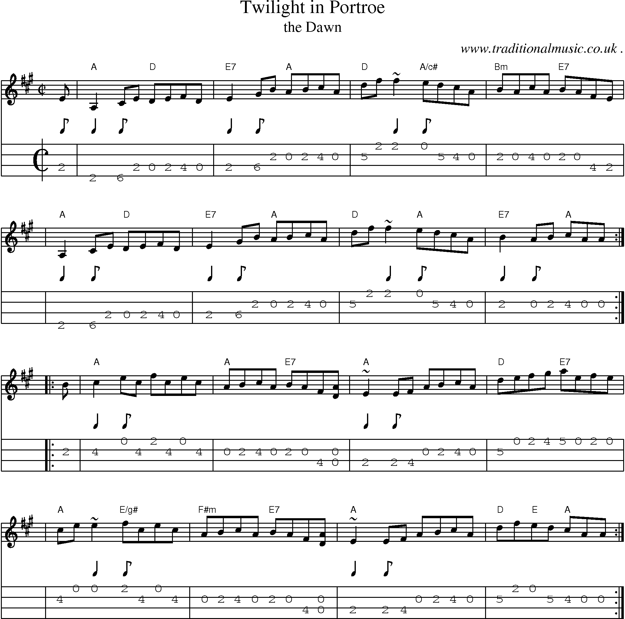 Sheet-music  score, Chords and Mandolin Tabs for Twilight In Portroe