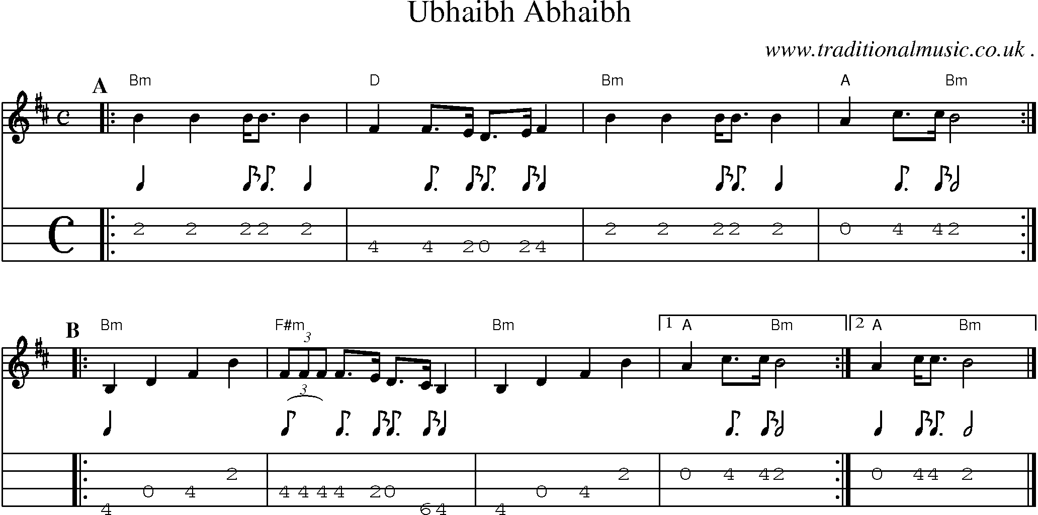 Sheet-music  score, Chords and Mandolin Tabs for Ubhaibh Abhaibh