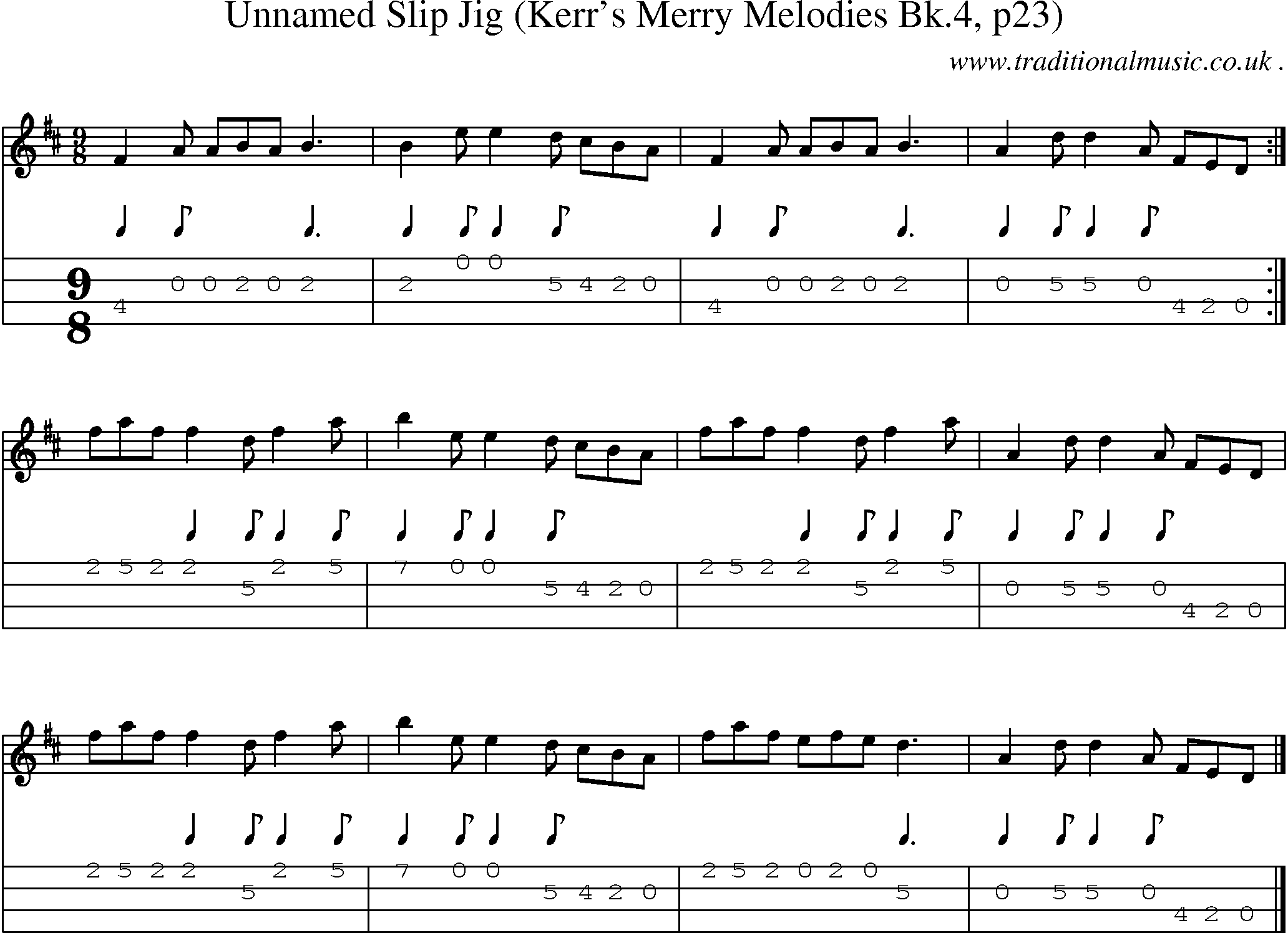 Sheet-music  score, Chords and Mandolin Tabs for Unnamed Slip Jig Kerrs Merry Melodies Bk4 P23