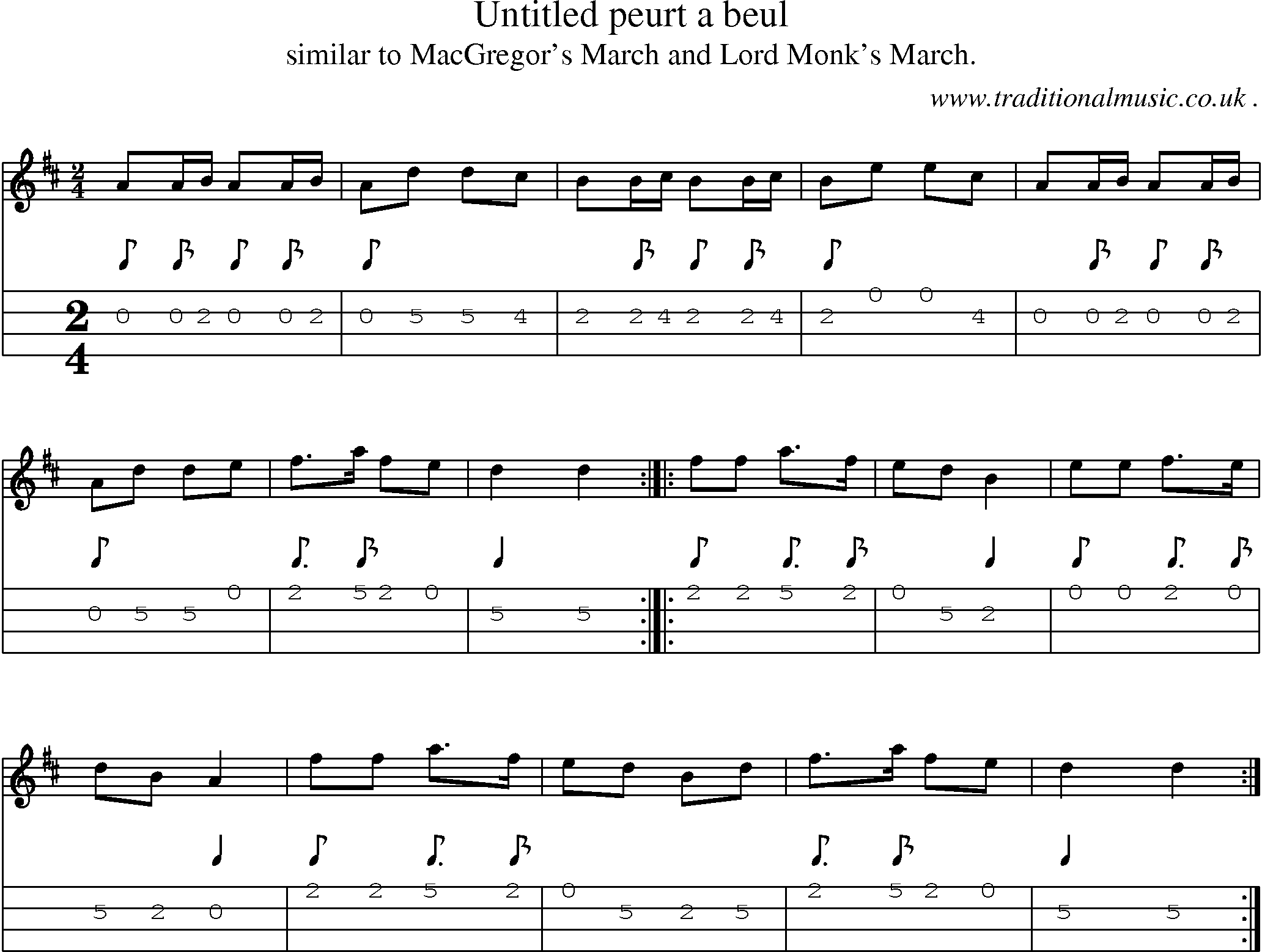 Sheet-music  score, Chords and Mandolin Tabs for Untitled Peurt A Beul