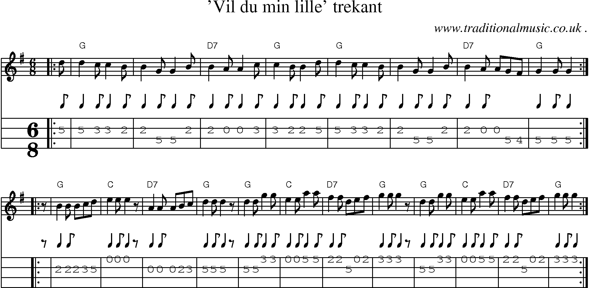 Sheet-music  score, Chords and Mandolin Tabs for Vil Du Min Lille Trekant