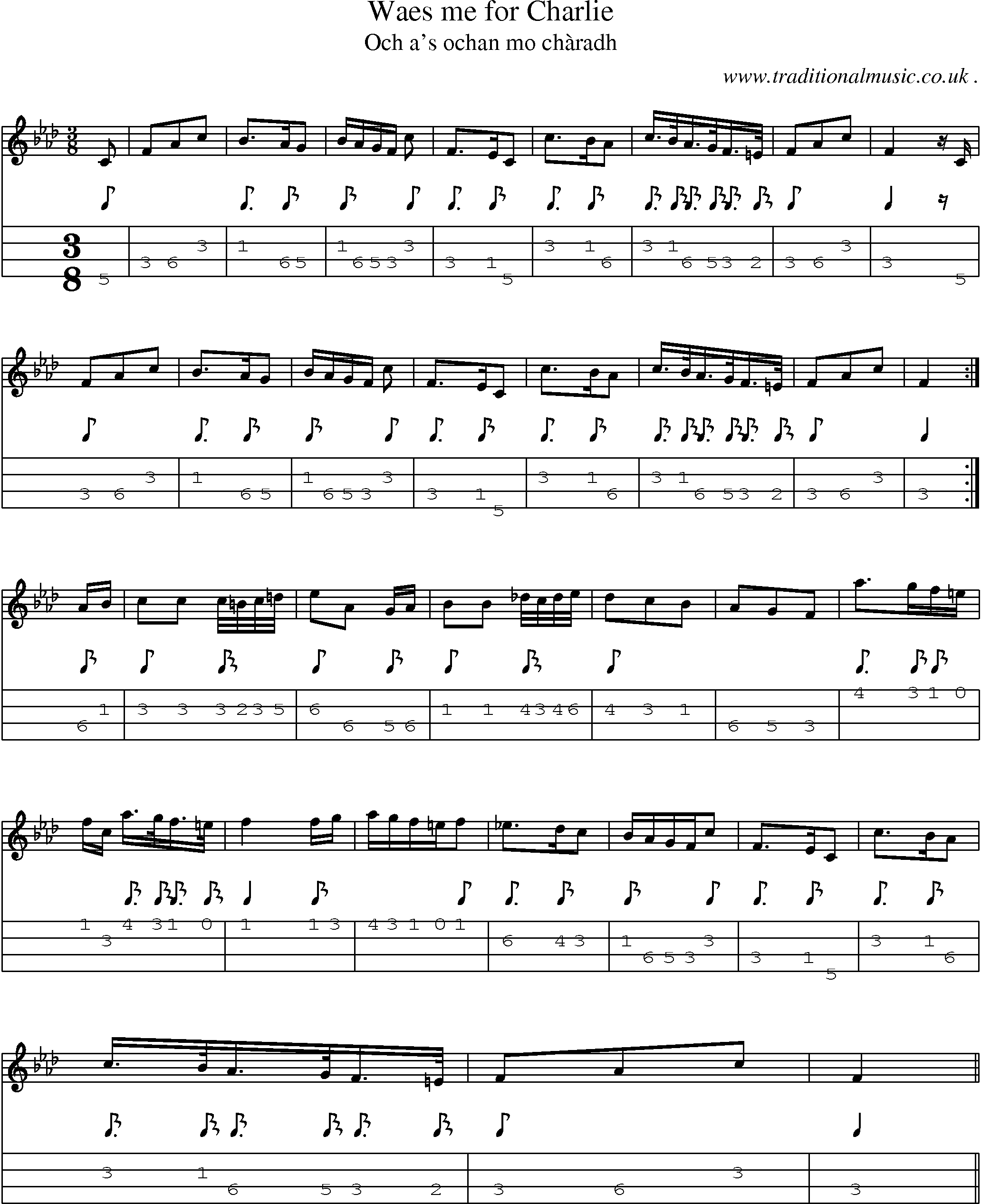 Sheet-music  score, Chords and Mandolin Tabs for Waes Me For Charlie