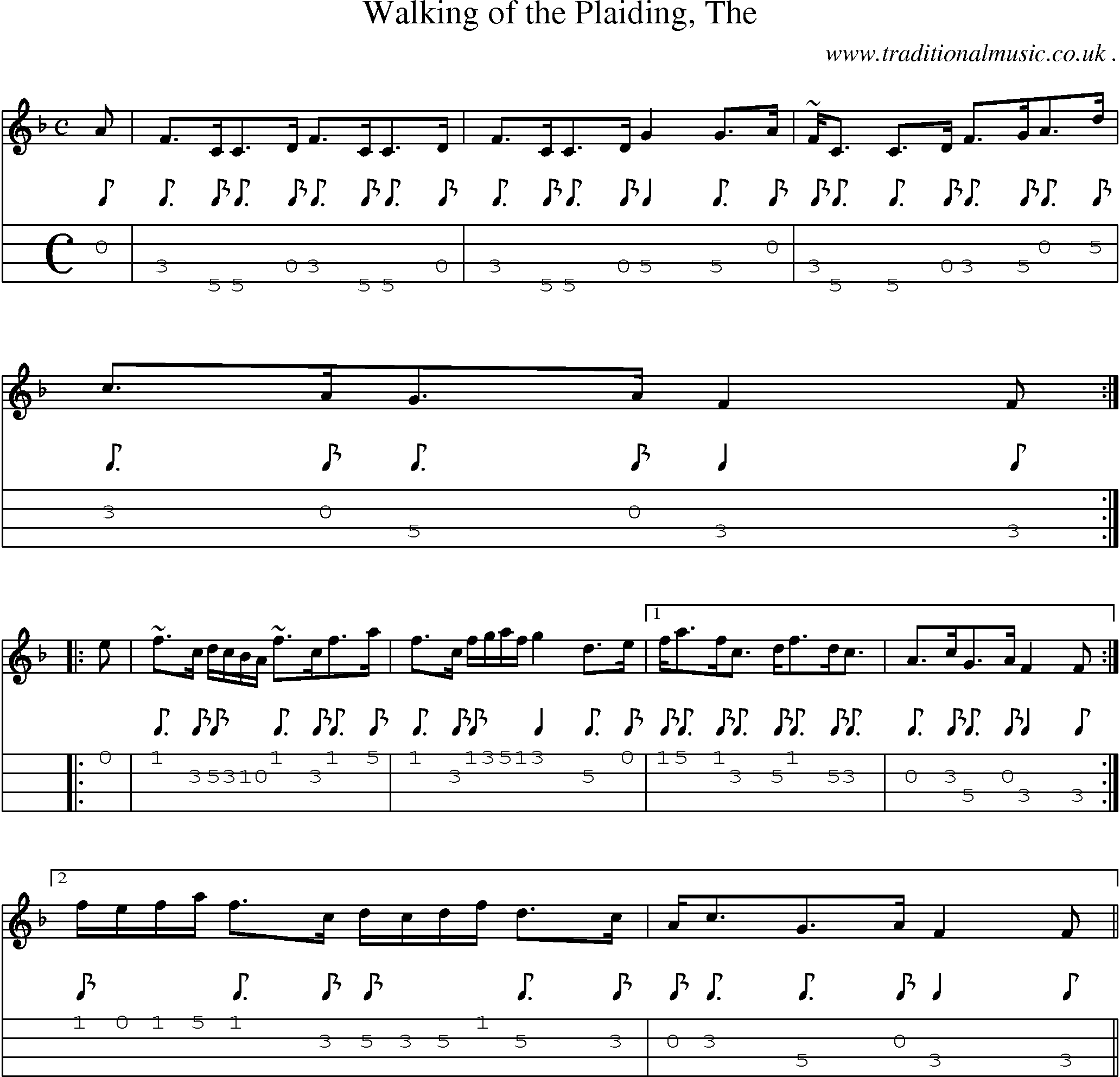 Sheet-music  score, Chords and Mandolin Tabs for Walking Of The Plaiding The