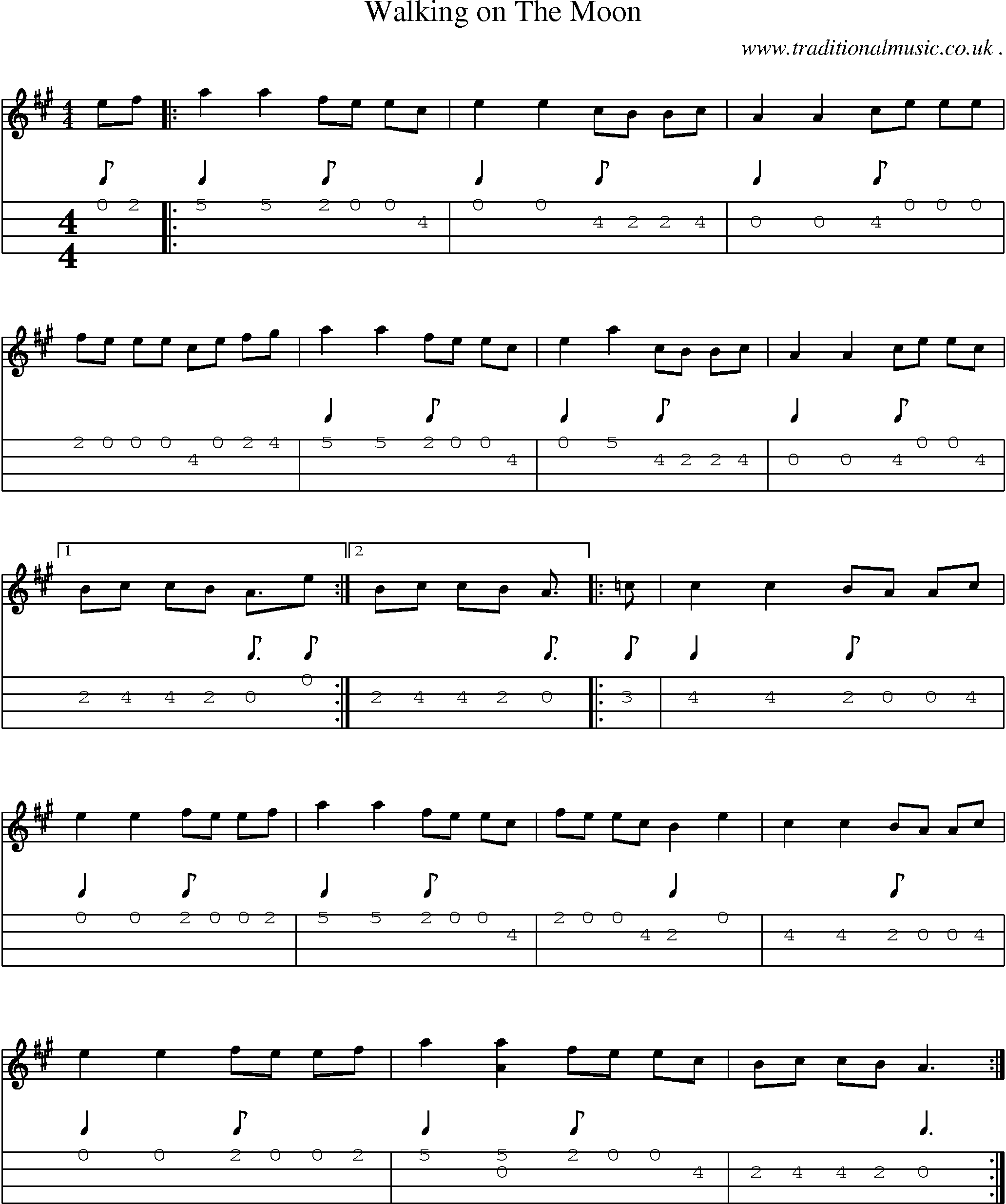 Sheet-music  score, Chords and Mandolin Tabs for Walking On The Moon