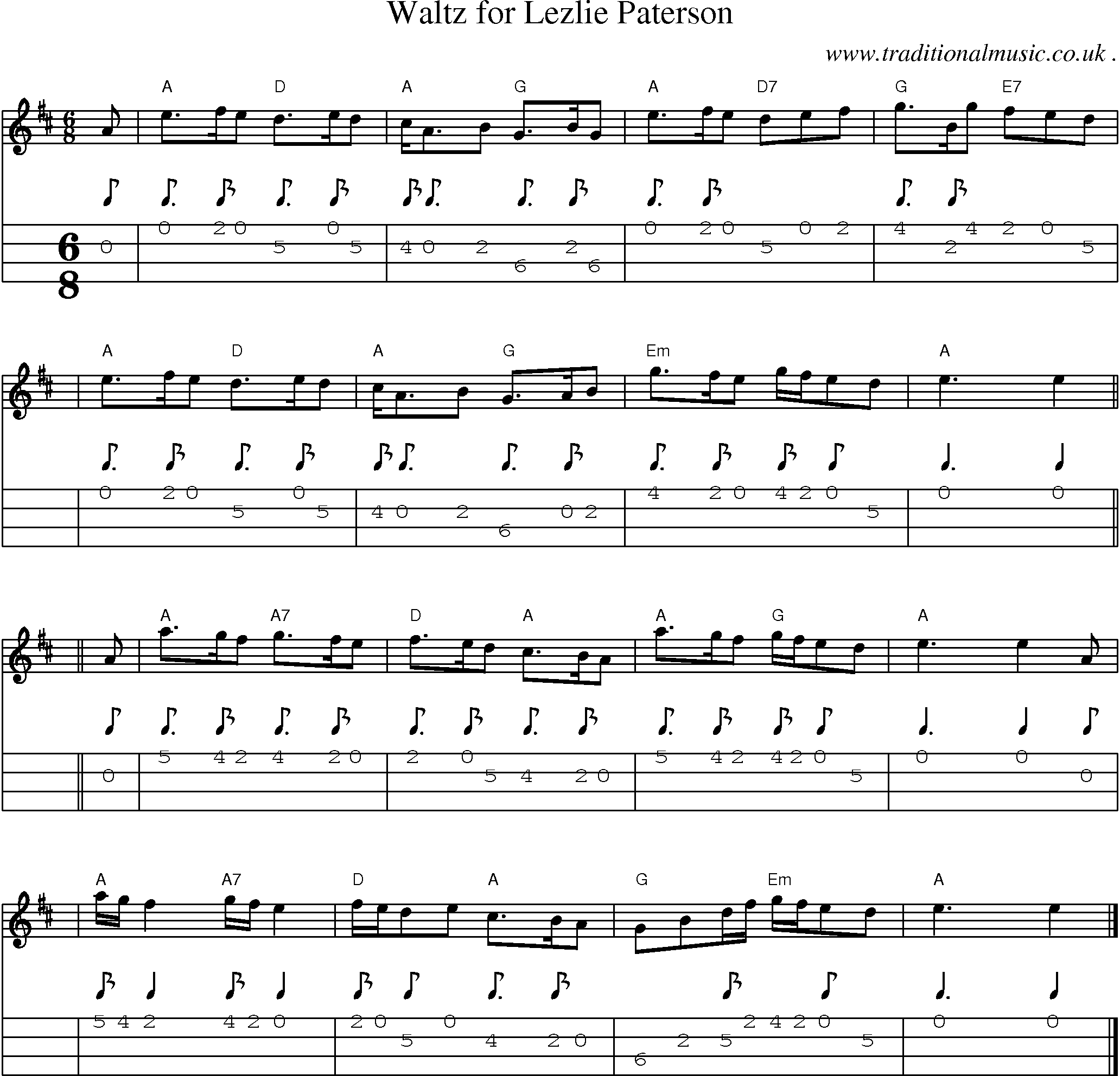 Sheet-music  score, Chords and Mandolin Tabs for Waltz For Lezlie Paterson
