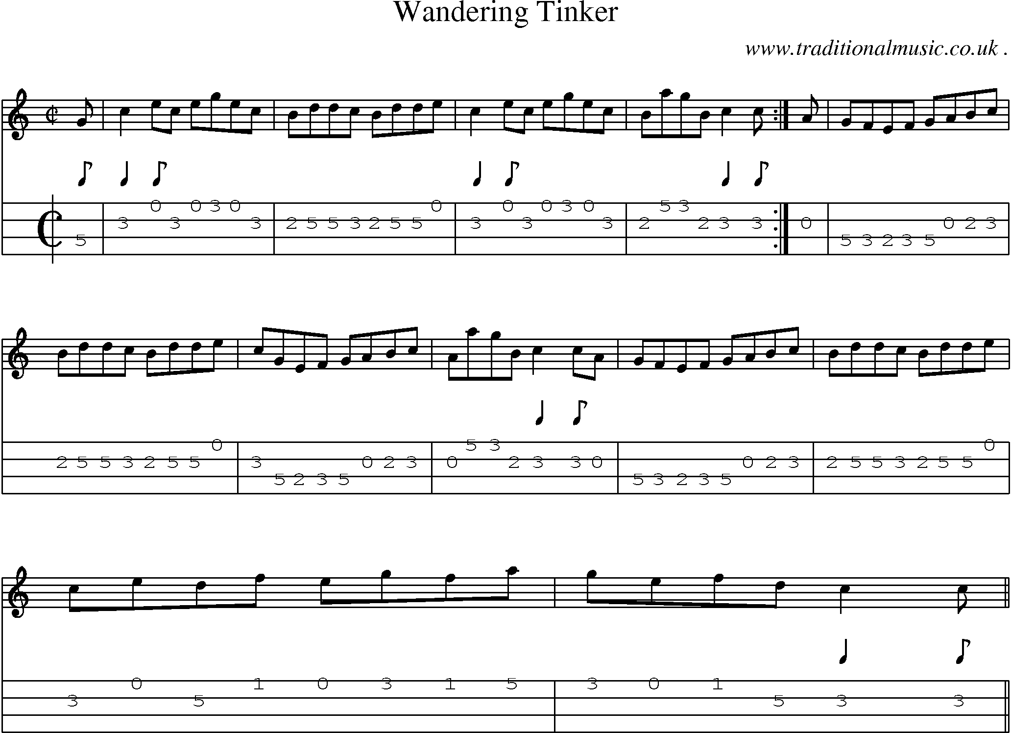 Sheet-music  score, Chords and Mandolin Tabs for Wandering Tinker