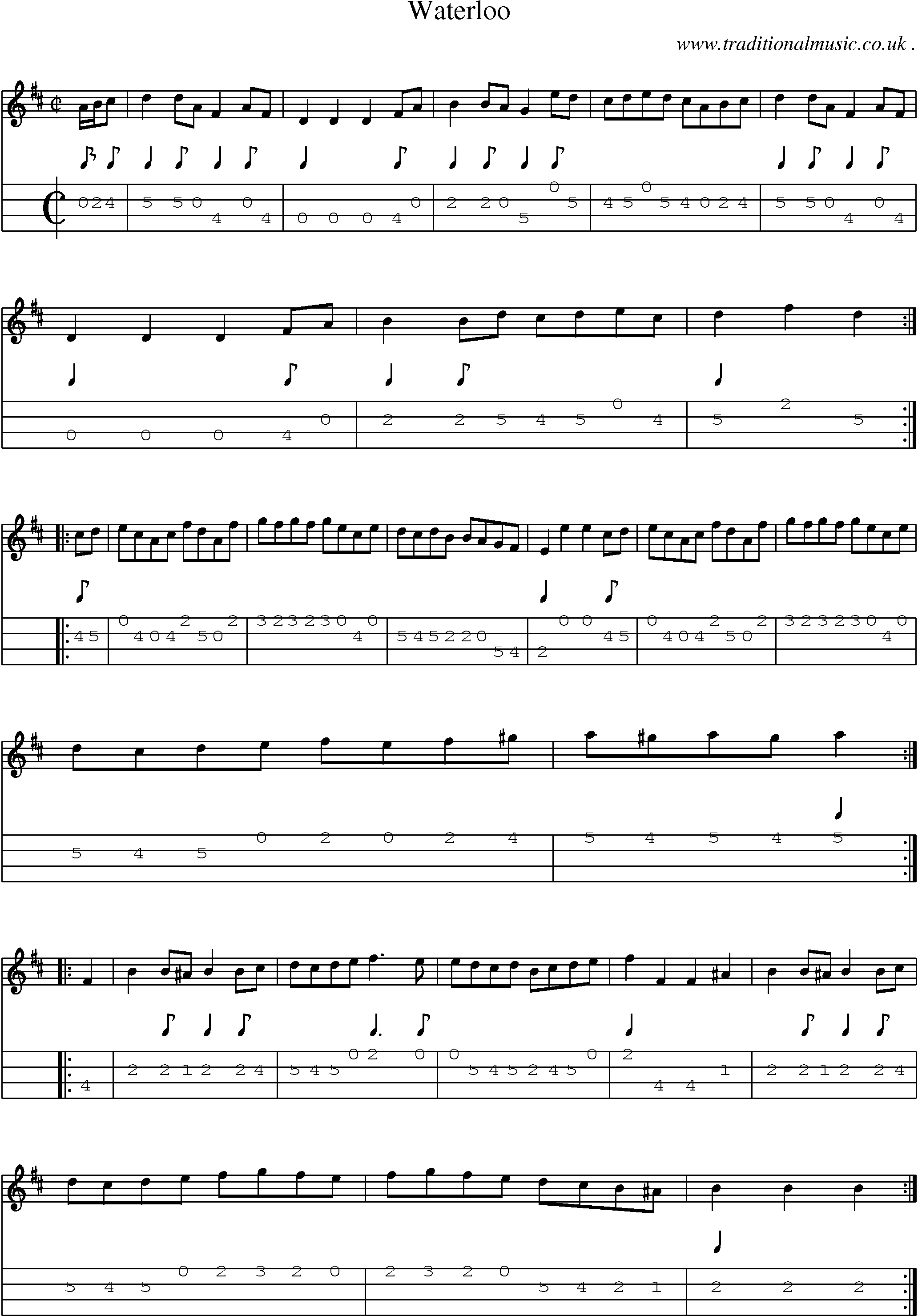 Sheet-music  score, Chords and Mandolin Tabs for Waterloo