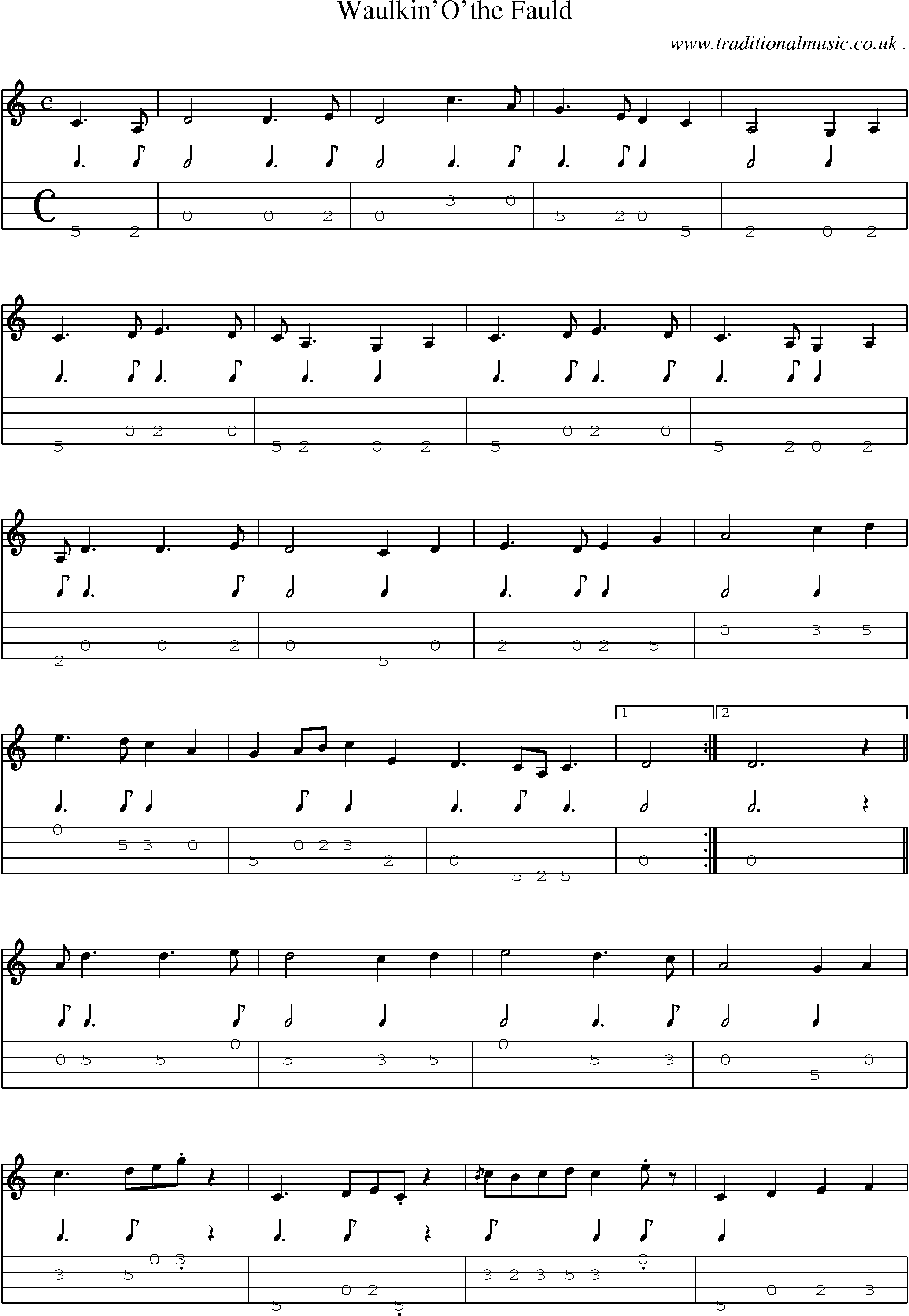 Sheet-music  score, Chords and Mandolin Tabs for Waulkinothe Fauld