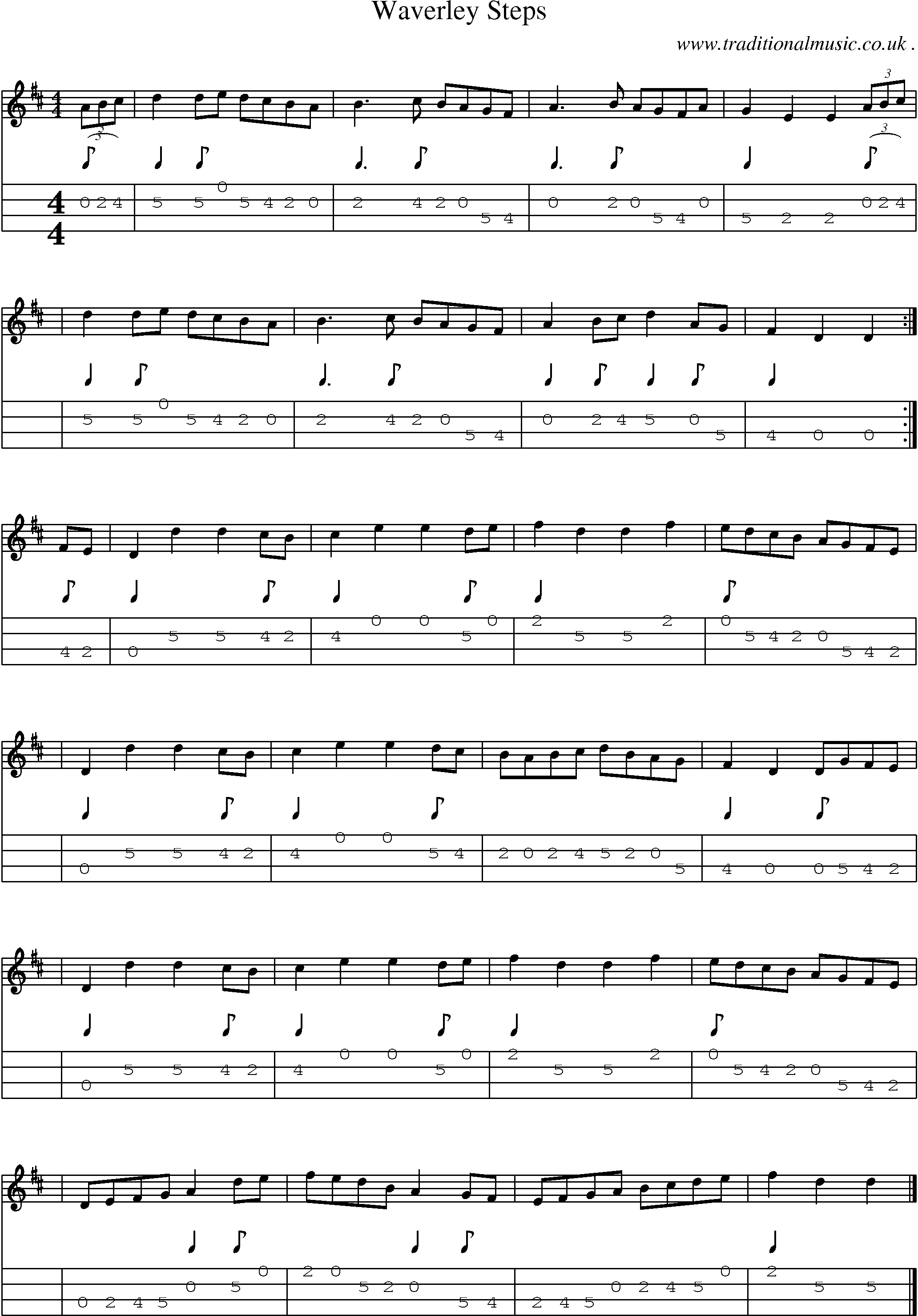 Sheet-music  score, Chords and Mandolin Tabs for Waverley Steps