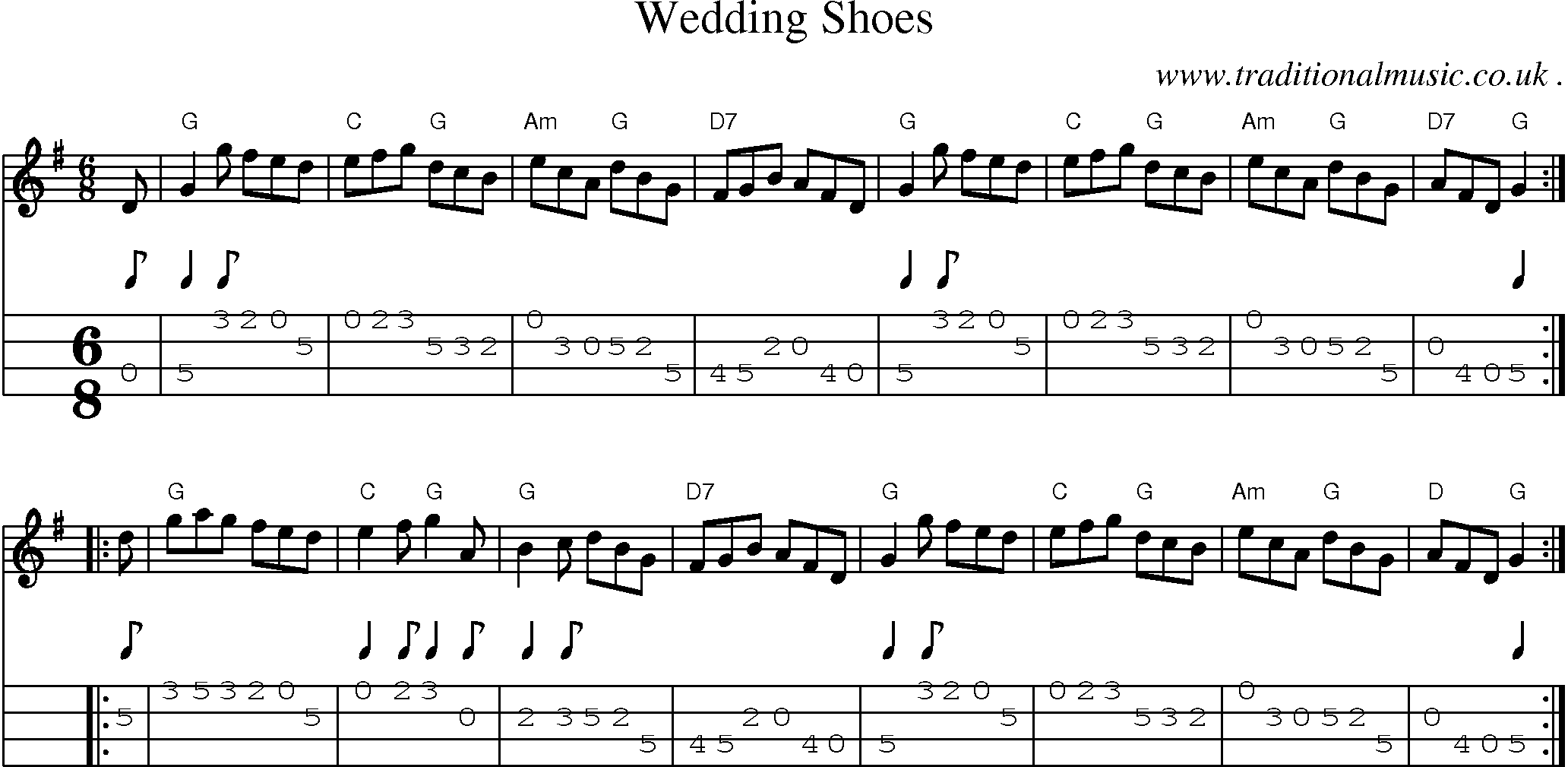 Sheet-music  score, Chords and Mandolin Tabs for Wedding Shoes