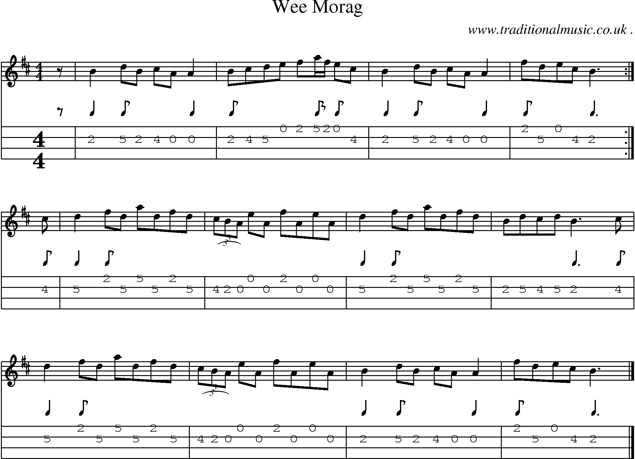 Sheet-music  score, Chords and Mandolin Tabs for Wee Morag