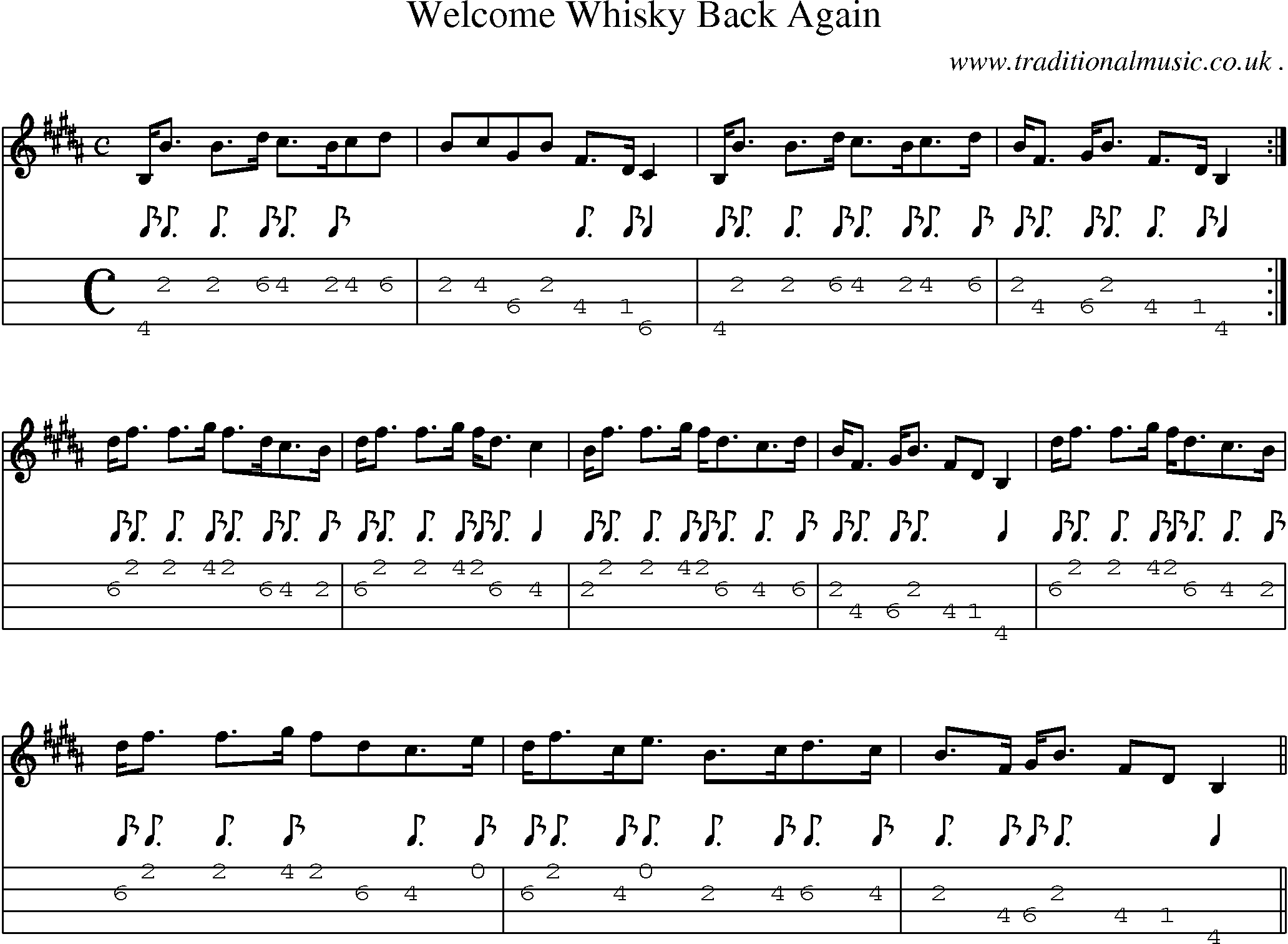 Sheet-music  score, Chords and Mandolin Tabs for Welcome Whisky Back Again