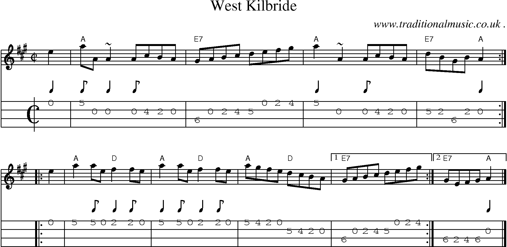 Sheet-music  score, Chords and Mandolin Tabs for West Kilbride