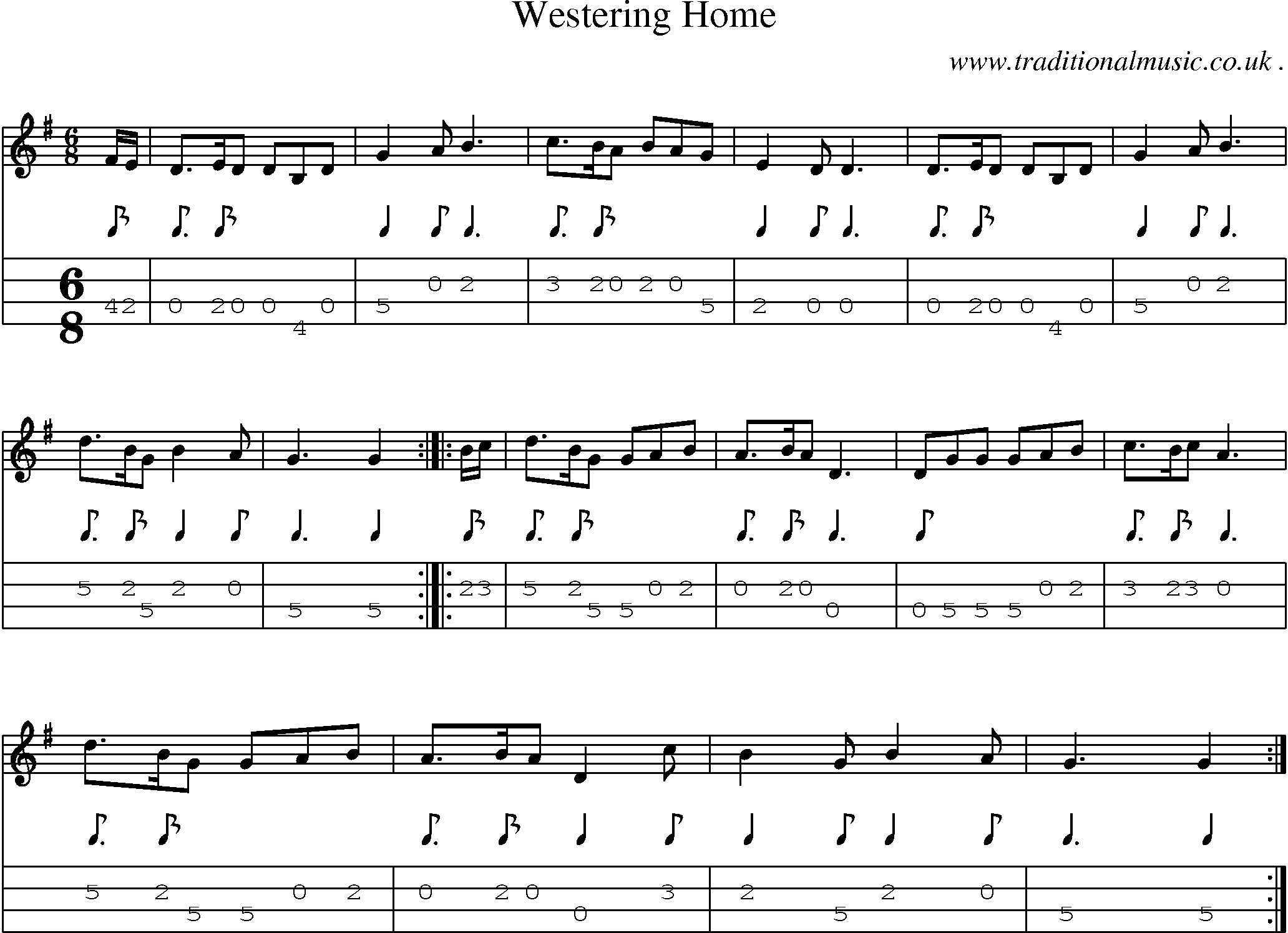 Sheet-music  score, Chords and Mandolin Tabs for Westering Home