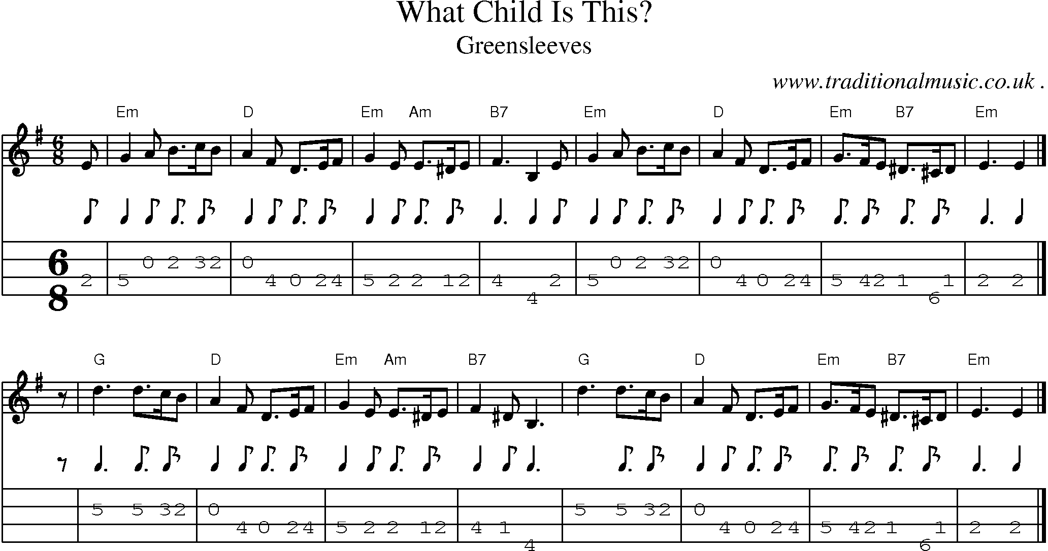 Sheet-music  score, Chords and Mandolin Tabs for What Child Is This