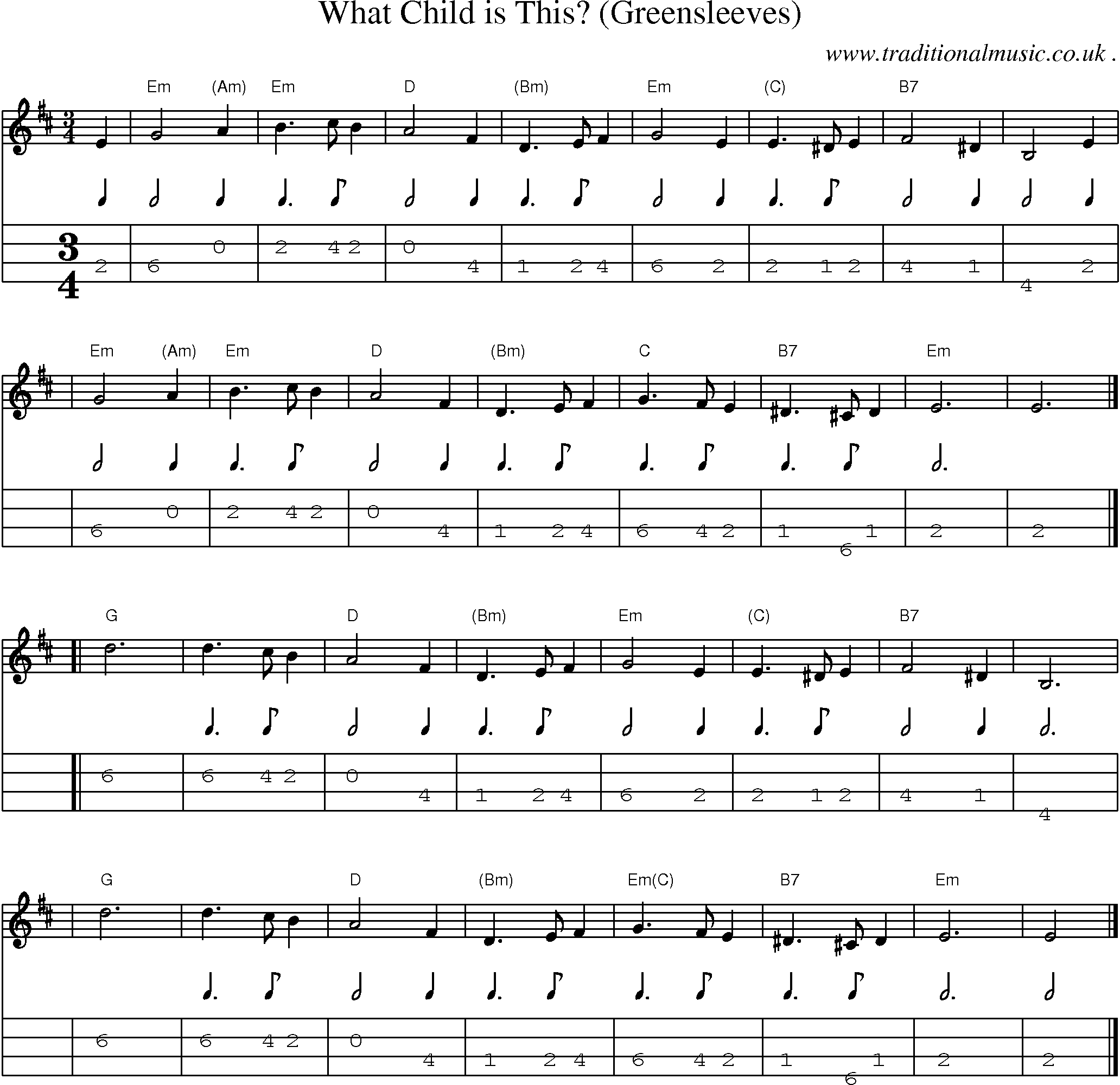 Sheet-music  score, Chords and Mandolin Tabs for What Child Is This Greensleeves