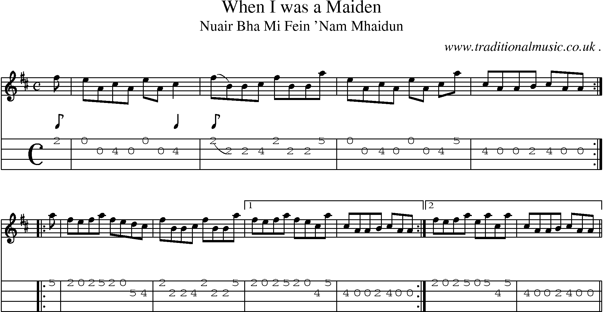 Sheet-music  score, Chords and Mandolin Tabs for When I Was A Maiden