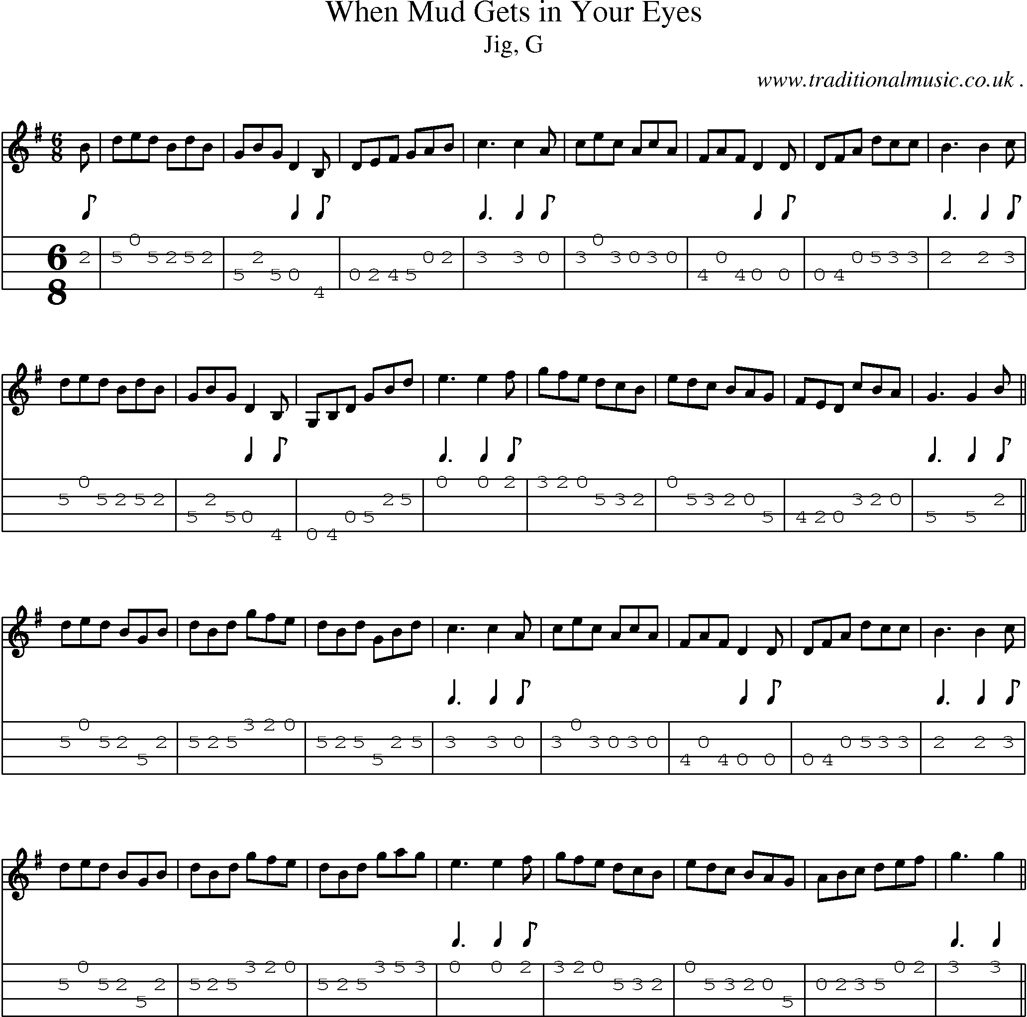 Sheet-music  score, Chords and Mandolin Tabs for When Mud Gets In Your Eyes
