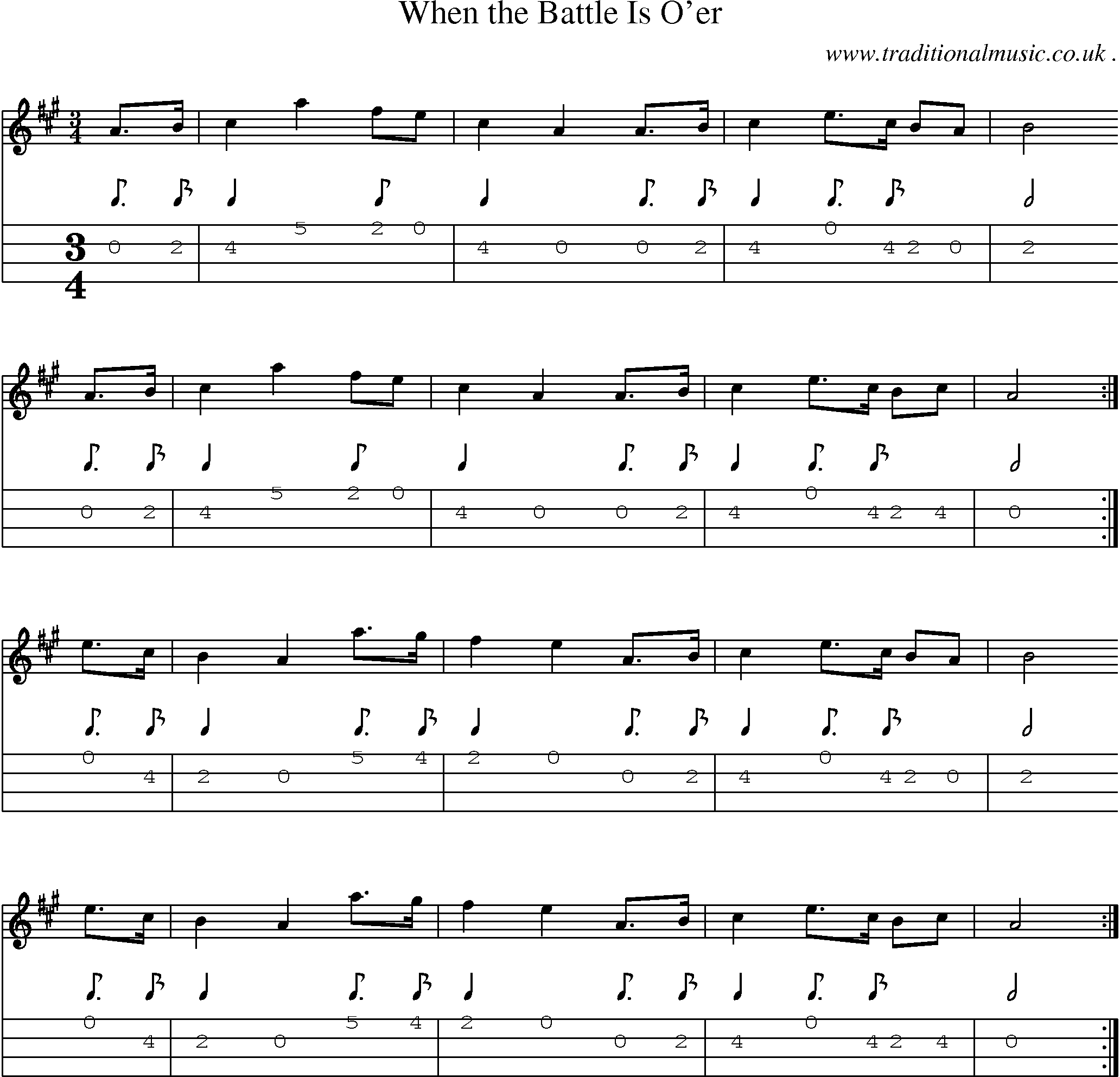 Sheet-music  score, Chords and Mandolin Tabs for When The Battle Is Oer