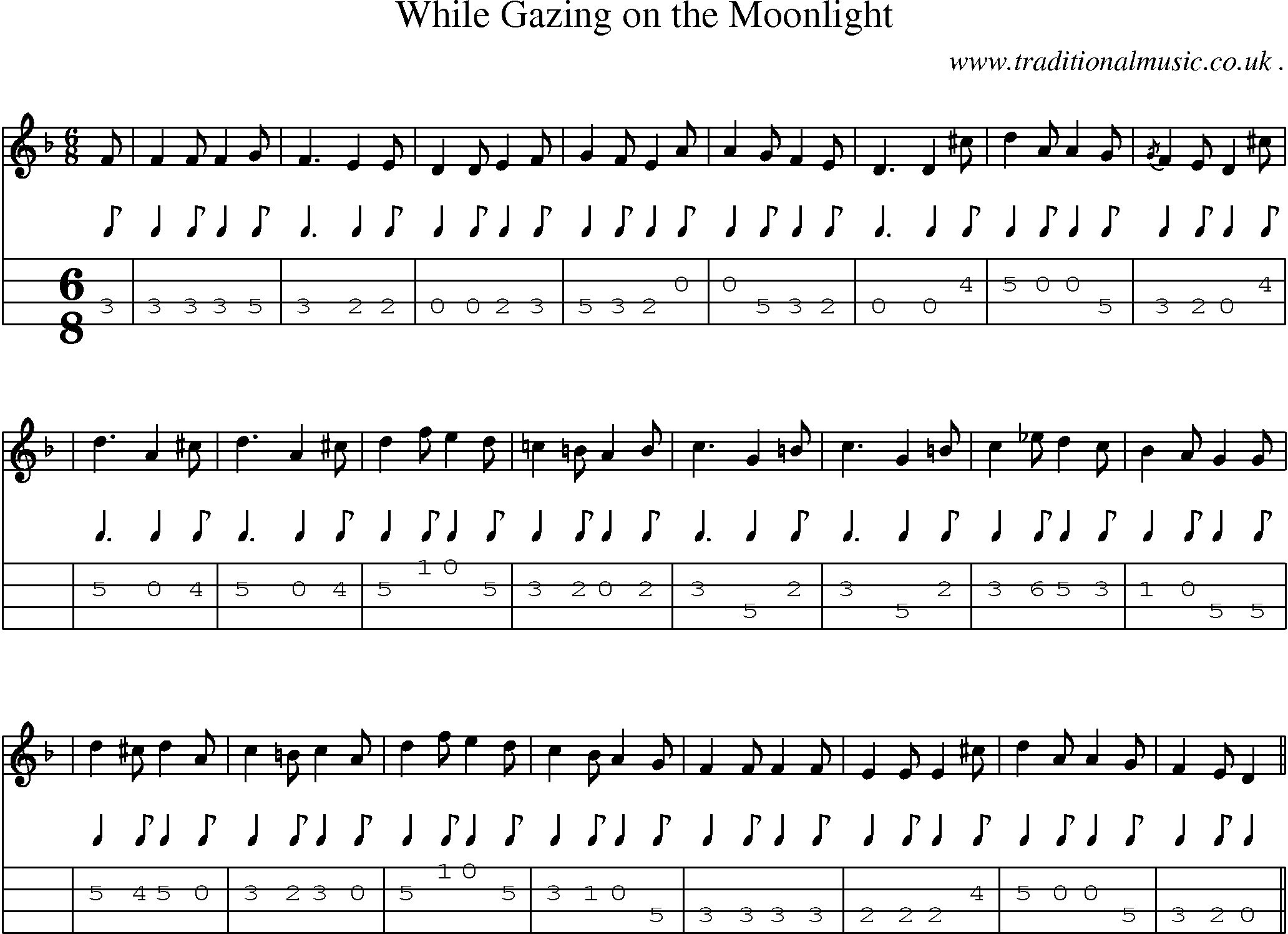 Sheet-music  score, Chords and Mandolin Tabs for While Gazing On The Moonlight