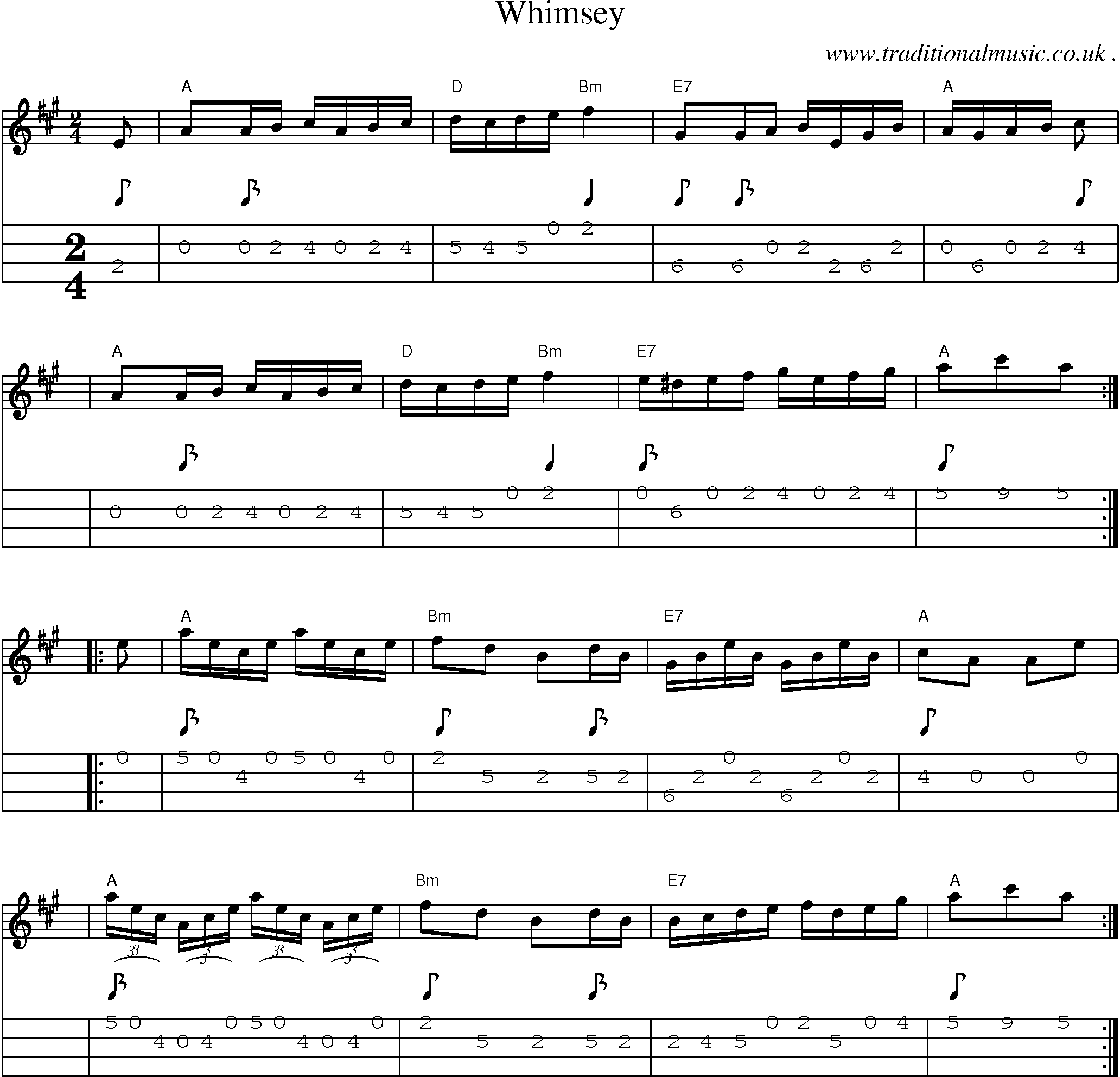 Sheet-music  score, Chords and Mandolin Tabs for Whimsey