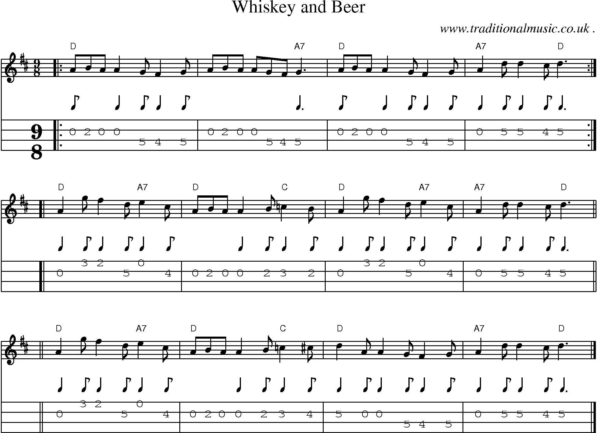 Sheet-music  score, Chords and Mandolin Tabs for Whiskey And Beer
