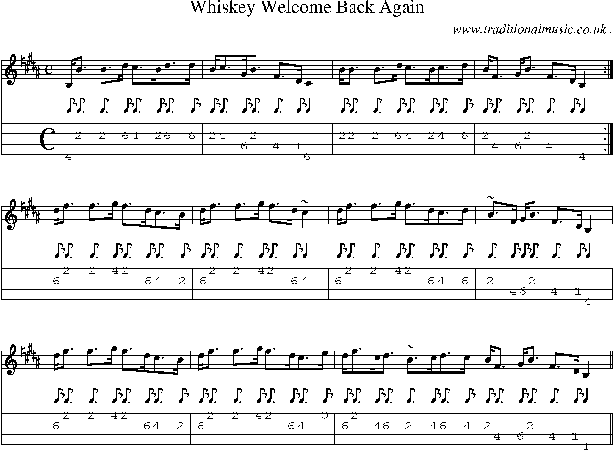 Sheet-music  score, Chords and Mandolin Tabs for Whiskey Welcome Back Again
