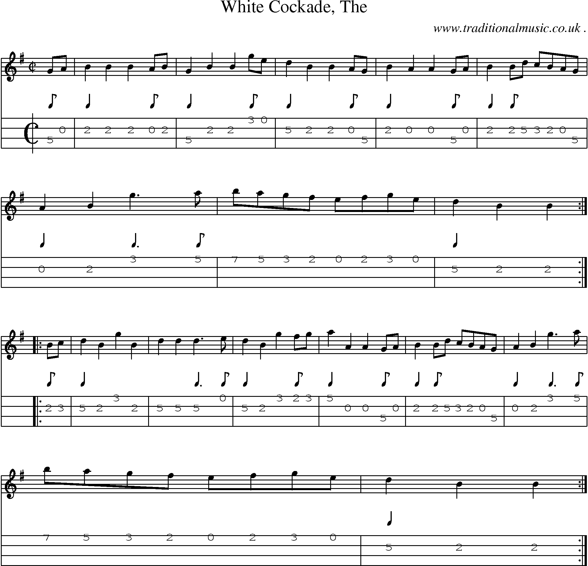 Sheet-music  score, Chords and Mandolin Tabs for White Cockade The