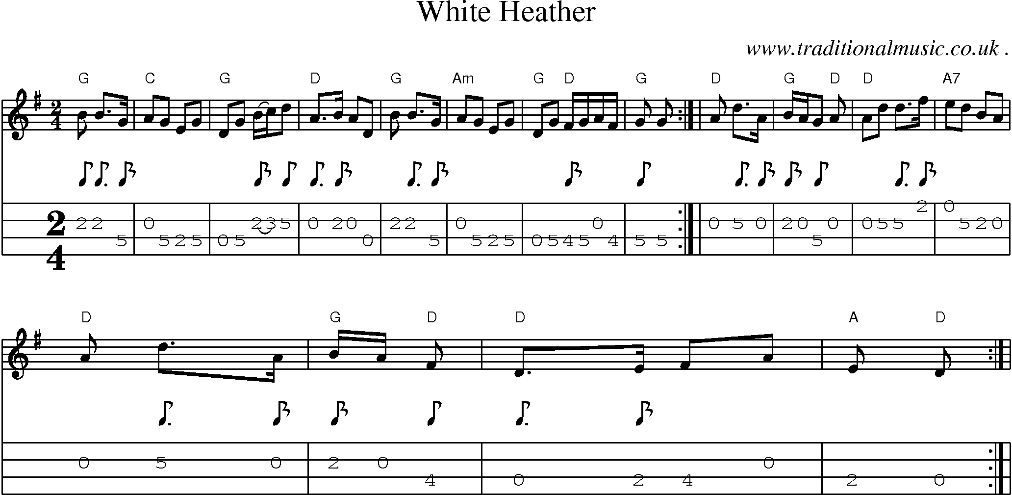 Sheet-music  score, Chords and Mandolin Tabs for White Heather