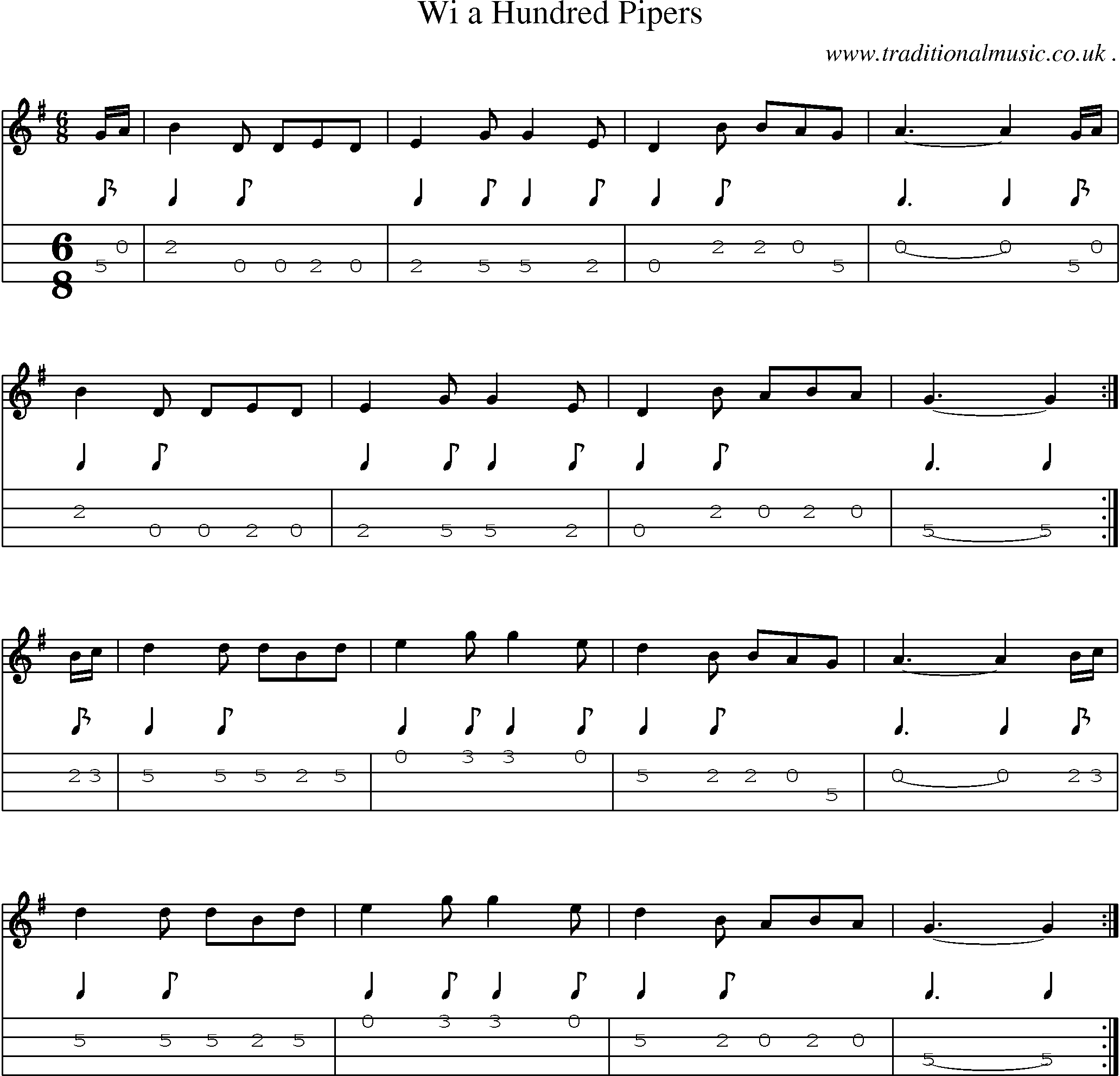 Sheet-music  score, Chords and Mandolin Tabs for Wi A Hundred Pipers