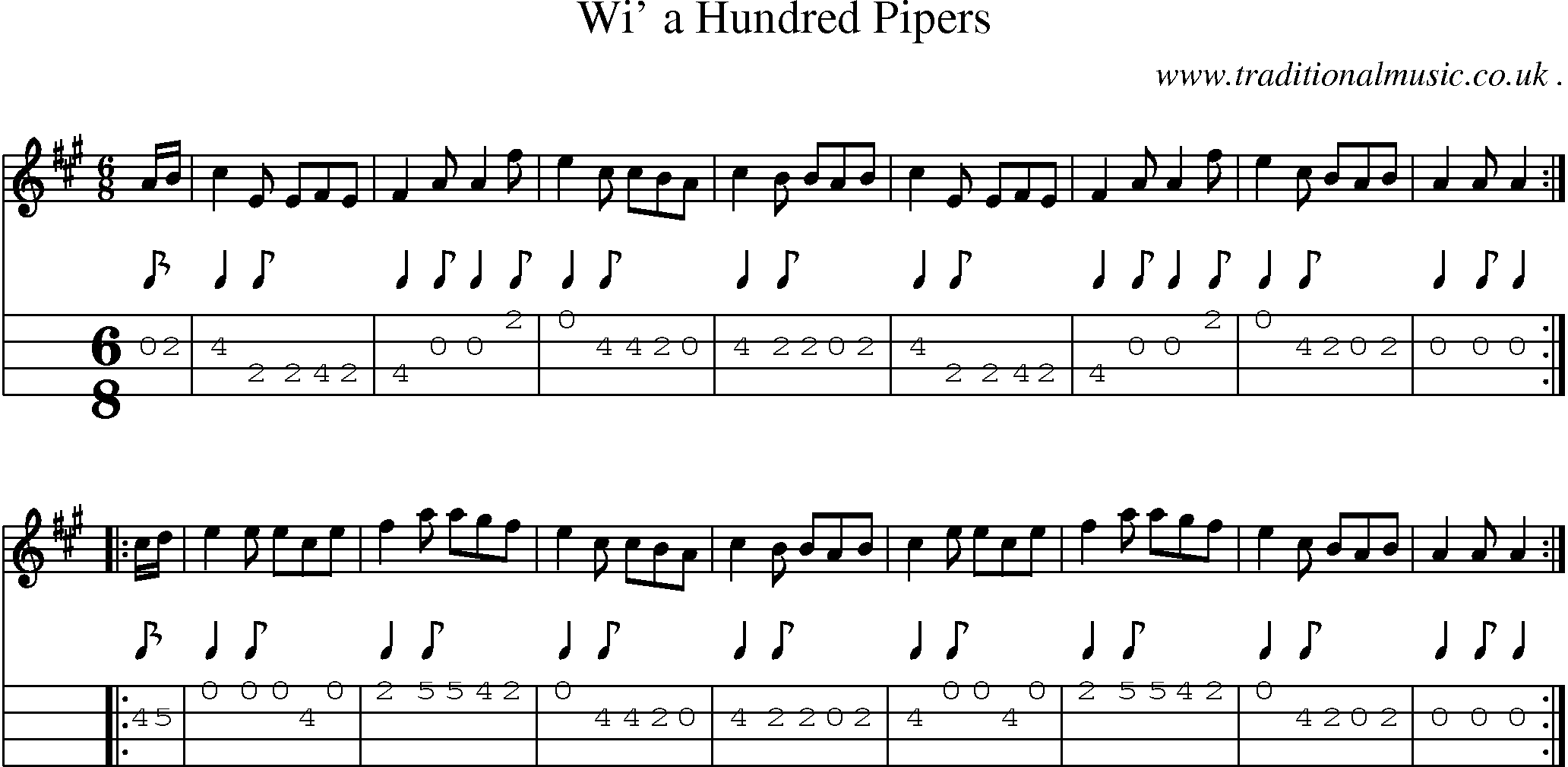 Sheet-music  score, Chords and Mandolin Tabs for Wi A Hundred Pipers1