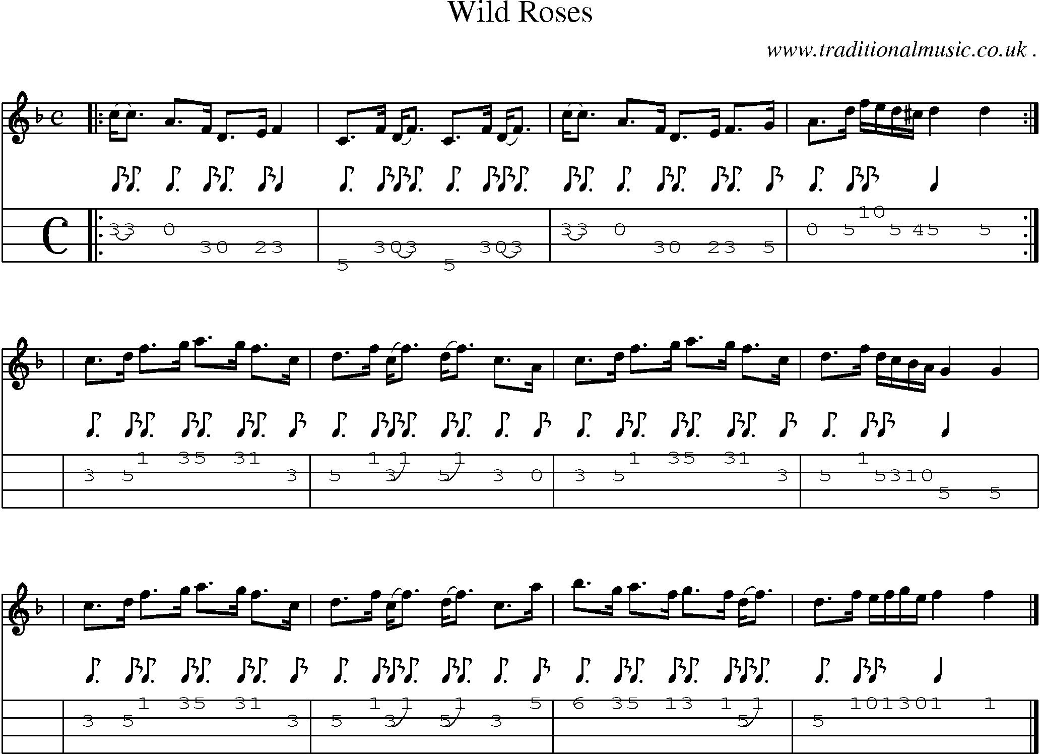 Sheet-music  score, Chords and Mandolin Tabs for Wild Roses