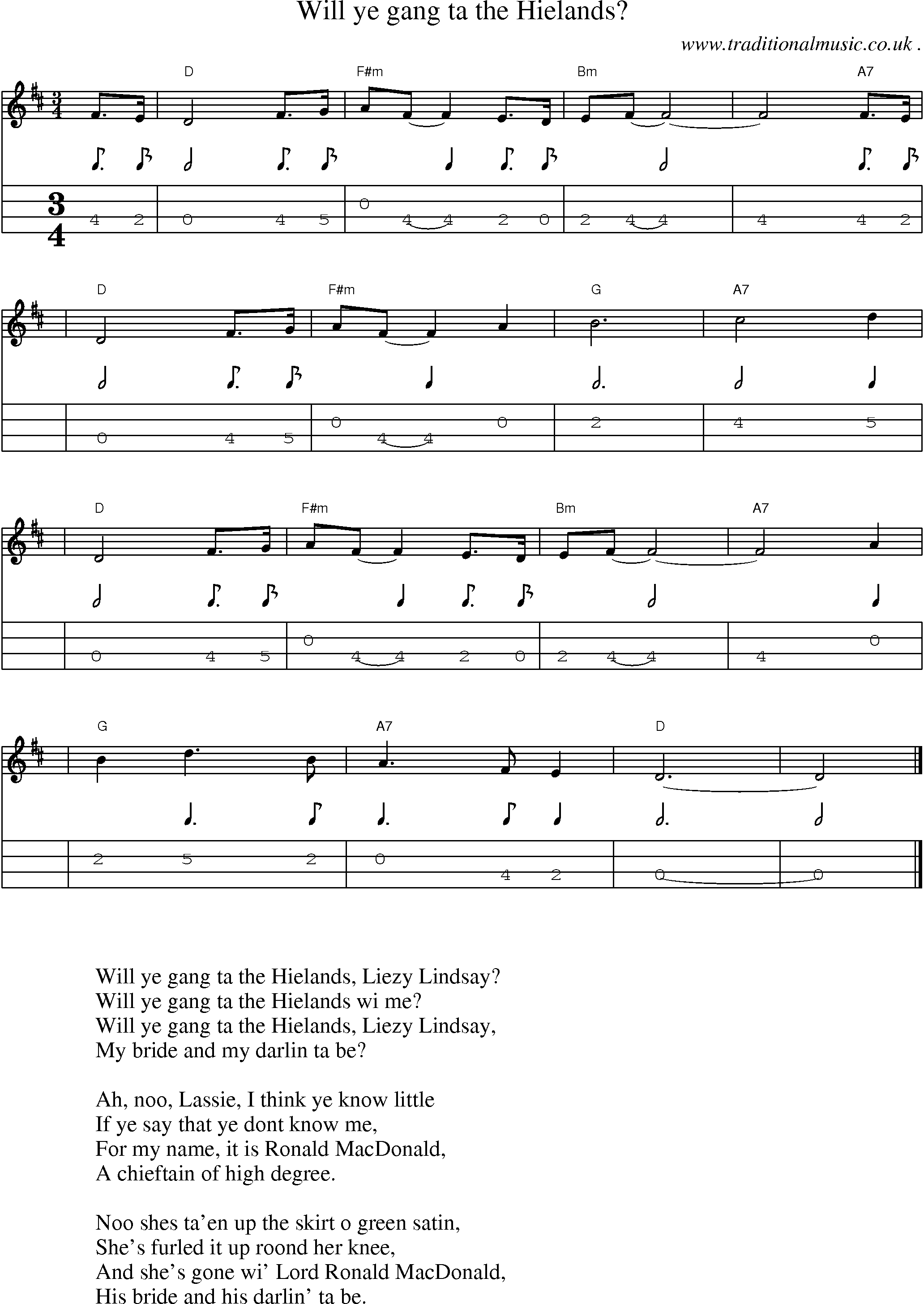 Sheet-music  score, Chords and Mandolin Tabs for Will Ye Gang Ta The Hielands