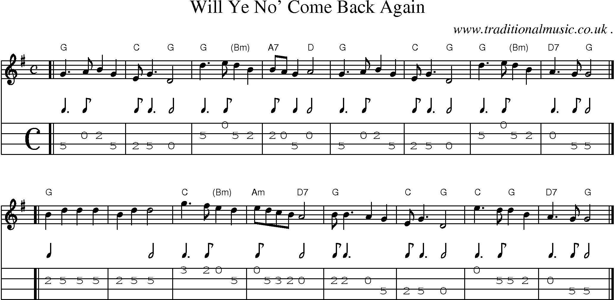 Sheet-music  score, Chords and Mandolin Tabs for Will Ye No Come Back Again