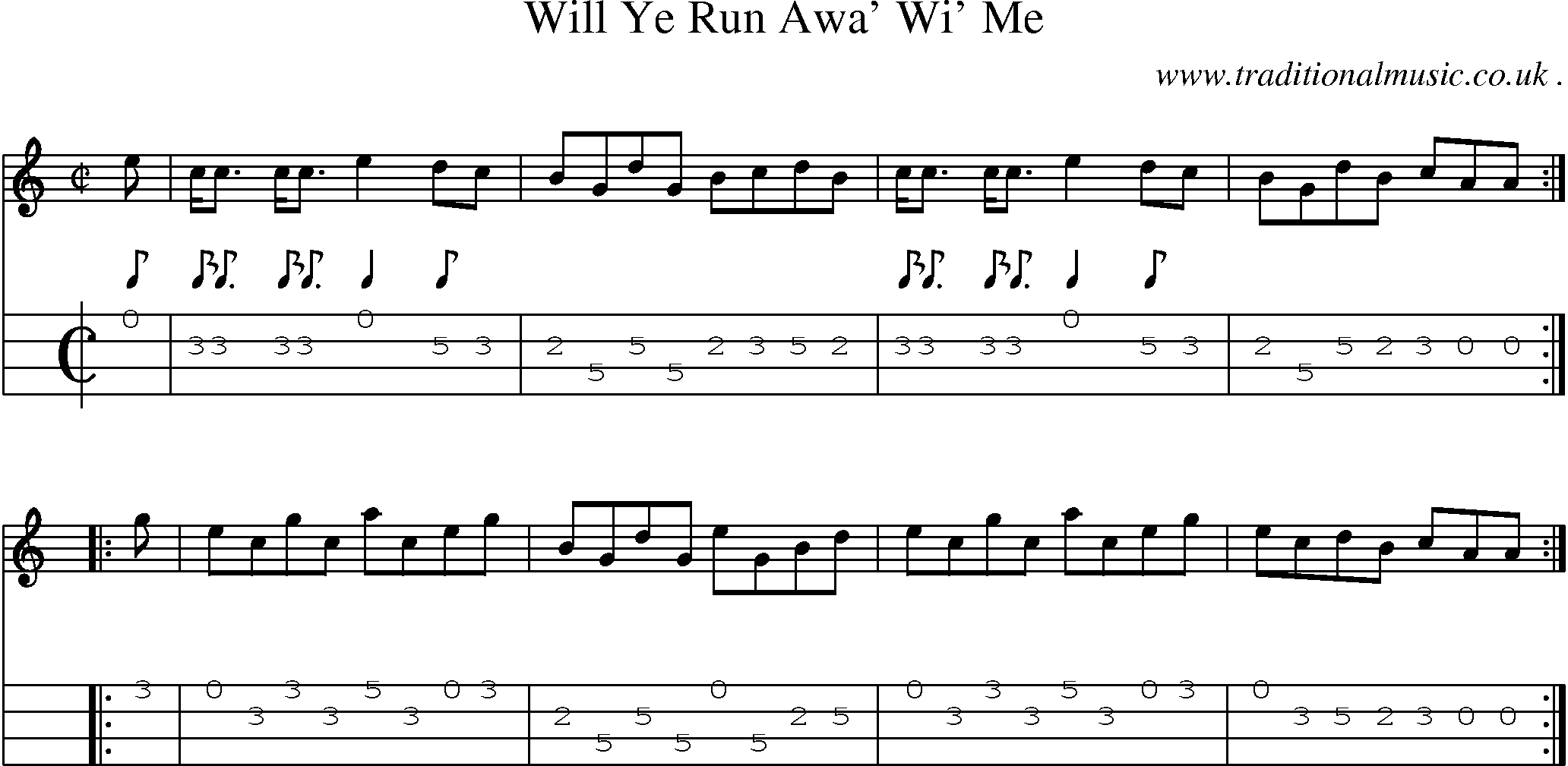 Sheet-music  score, Chords and Mandolin Tabs for Will Ye Run Awa Wi Me