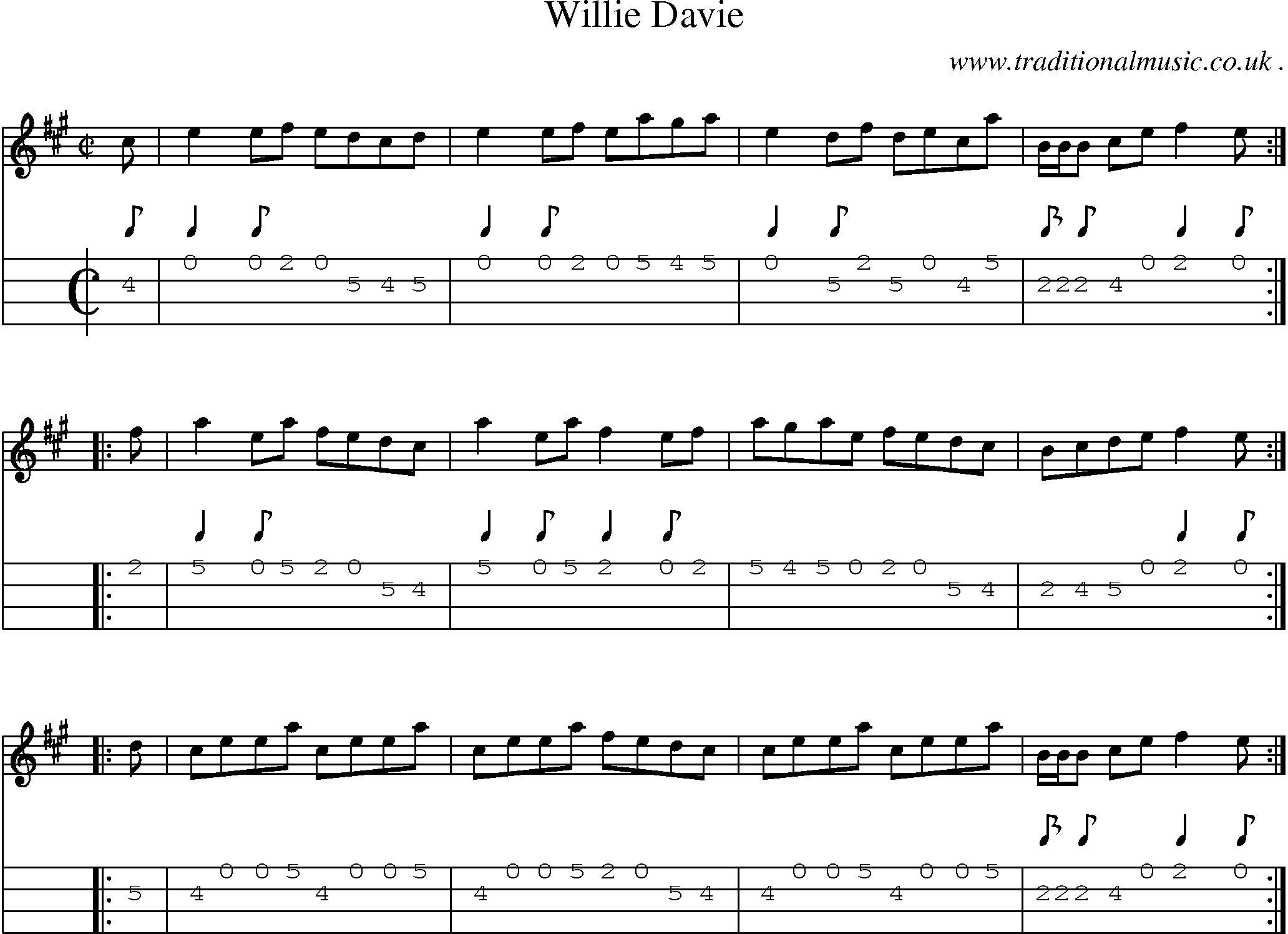 Sheet-music  score, Chords and Mandolin Tabs for Willie Davie