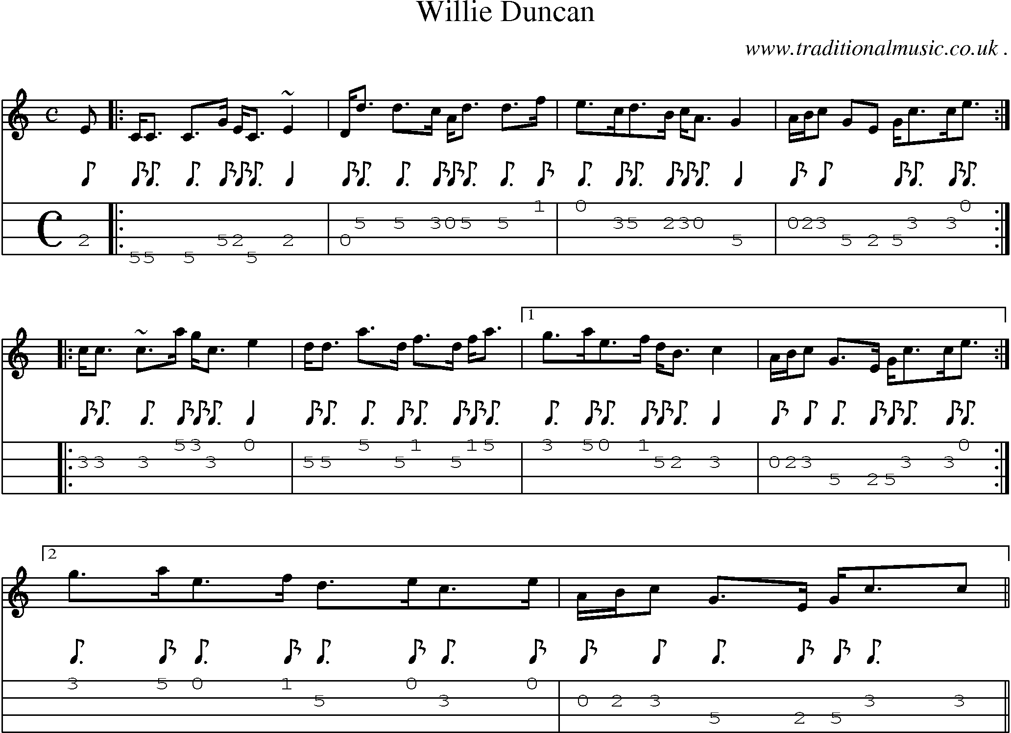 Sheet-music  score, Chords and Mandolin Tabs for Willie Duncan
