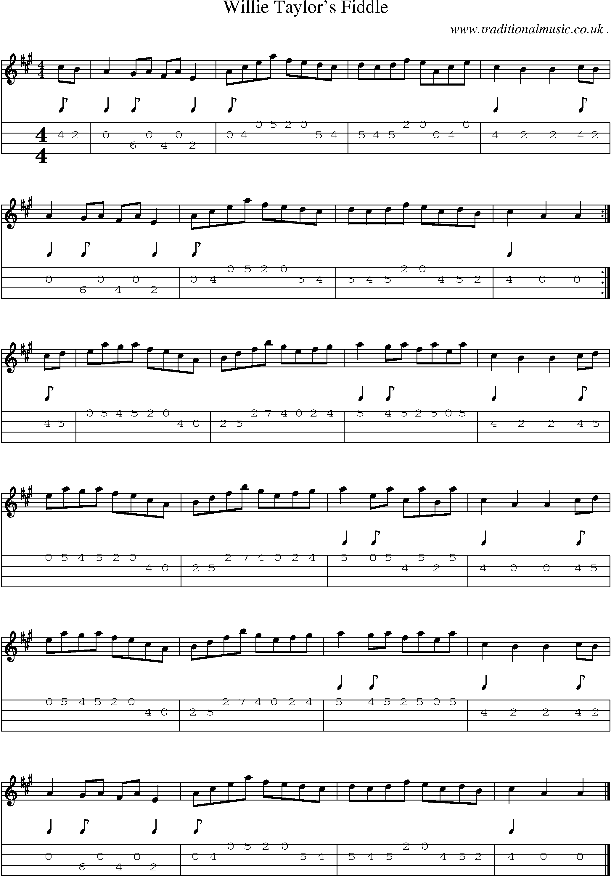 Sheet-music  score, Chords and Mandolin Tabs for Willie Taylors Fiddle