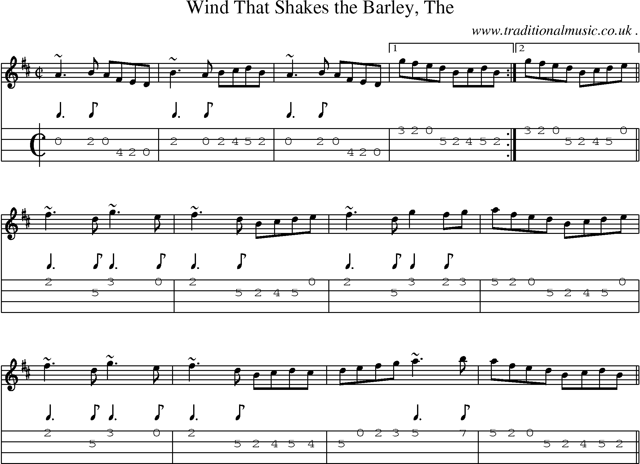 Sheet-music  score, Chords and Mandolin Tabs for Wind That Shakes The Barley The