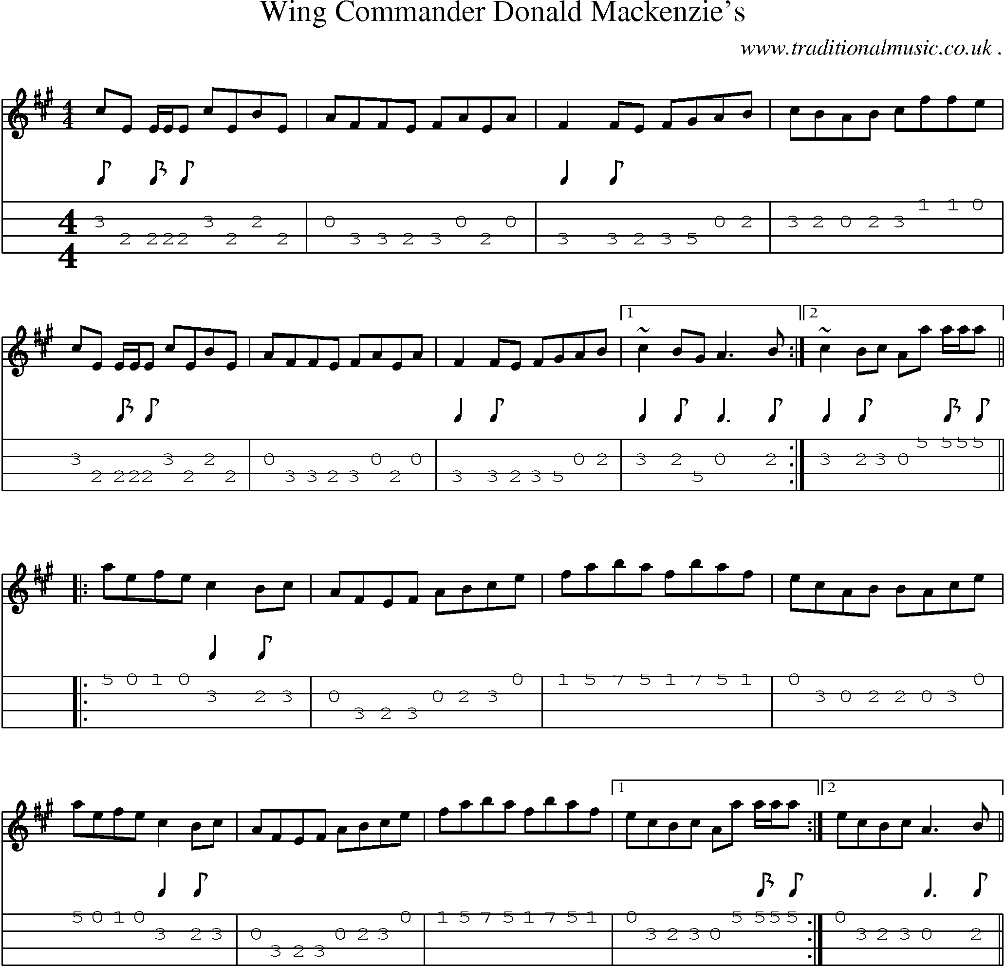 Sheet-music  score, Chords and Mandolin Tabs for Wing Commander Donald Mackenzies